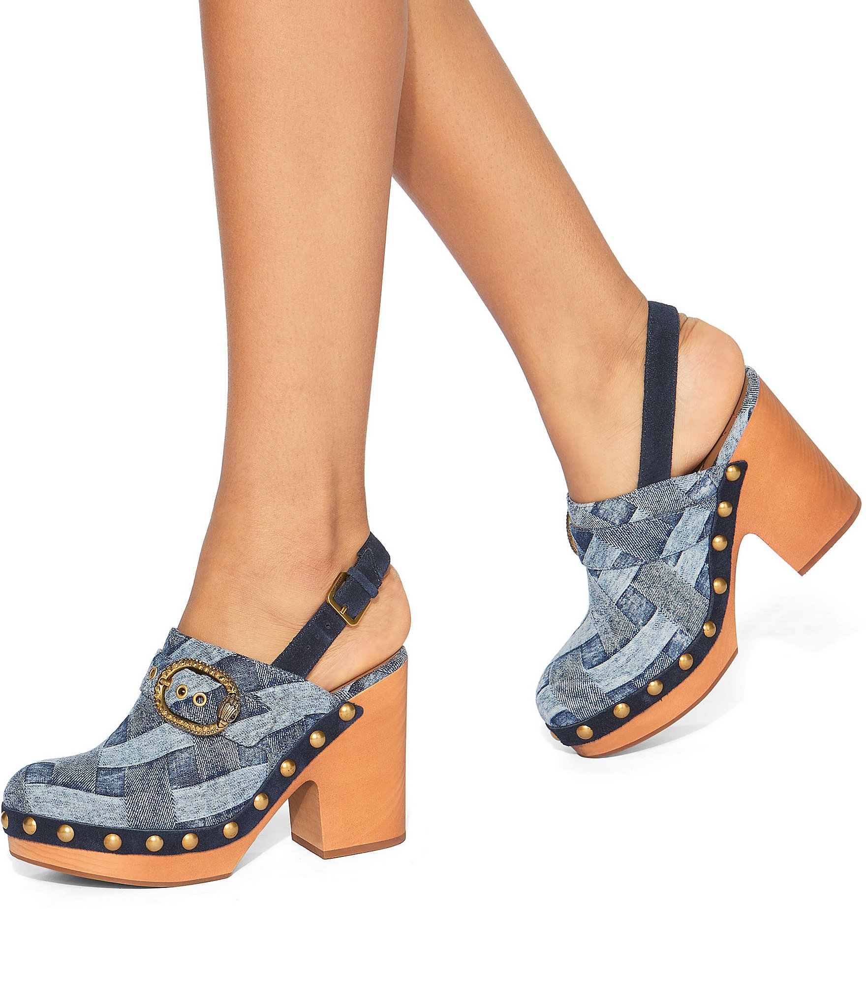 Kurt Geiger London Mayfair Studded Denim Patchwork Big Buckle Hardware Slingback Clogs