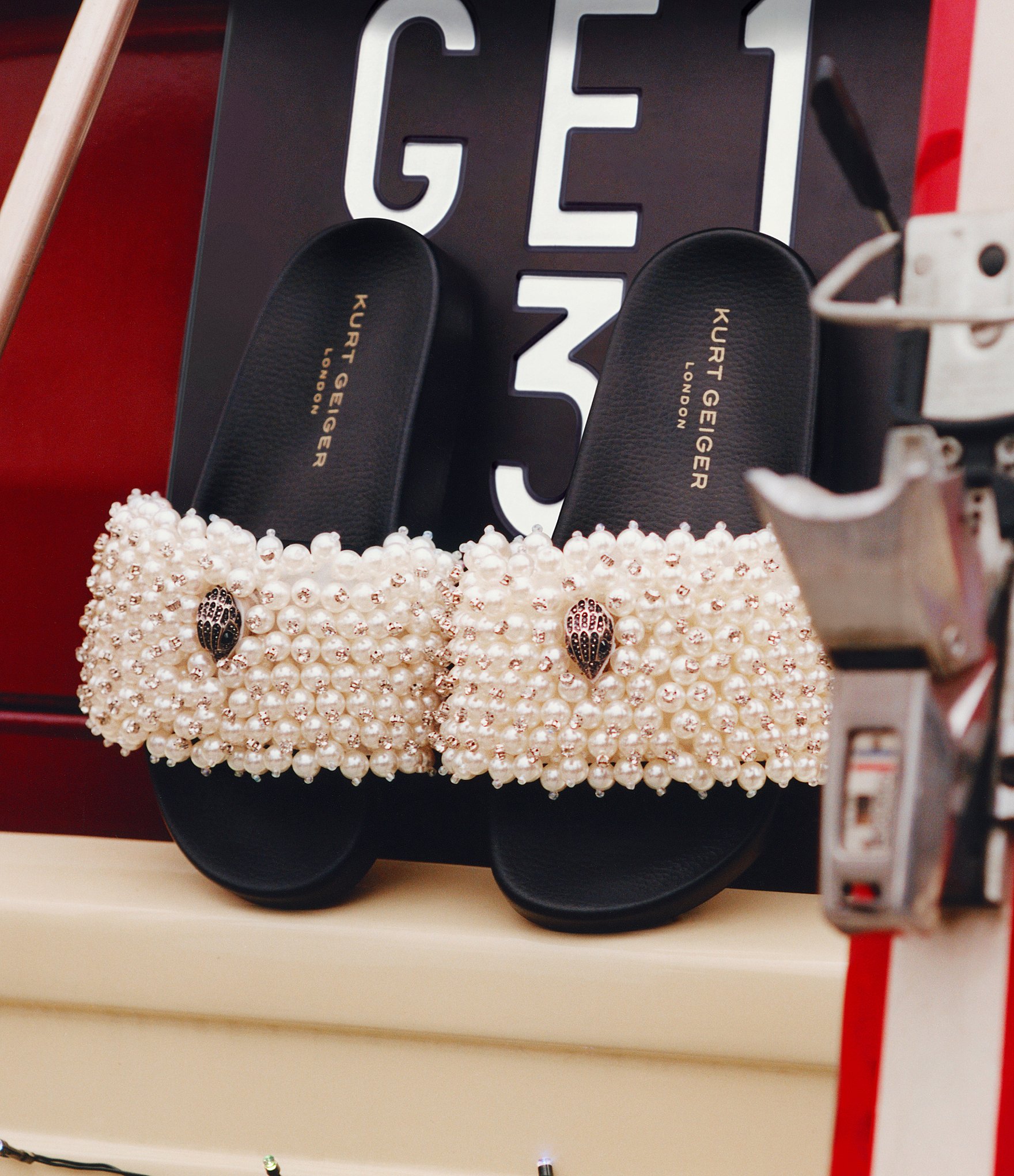 Kurt Geiger London Meena Eagle Bead Embellished Pool Slide Sandals