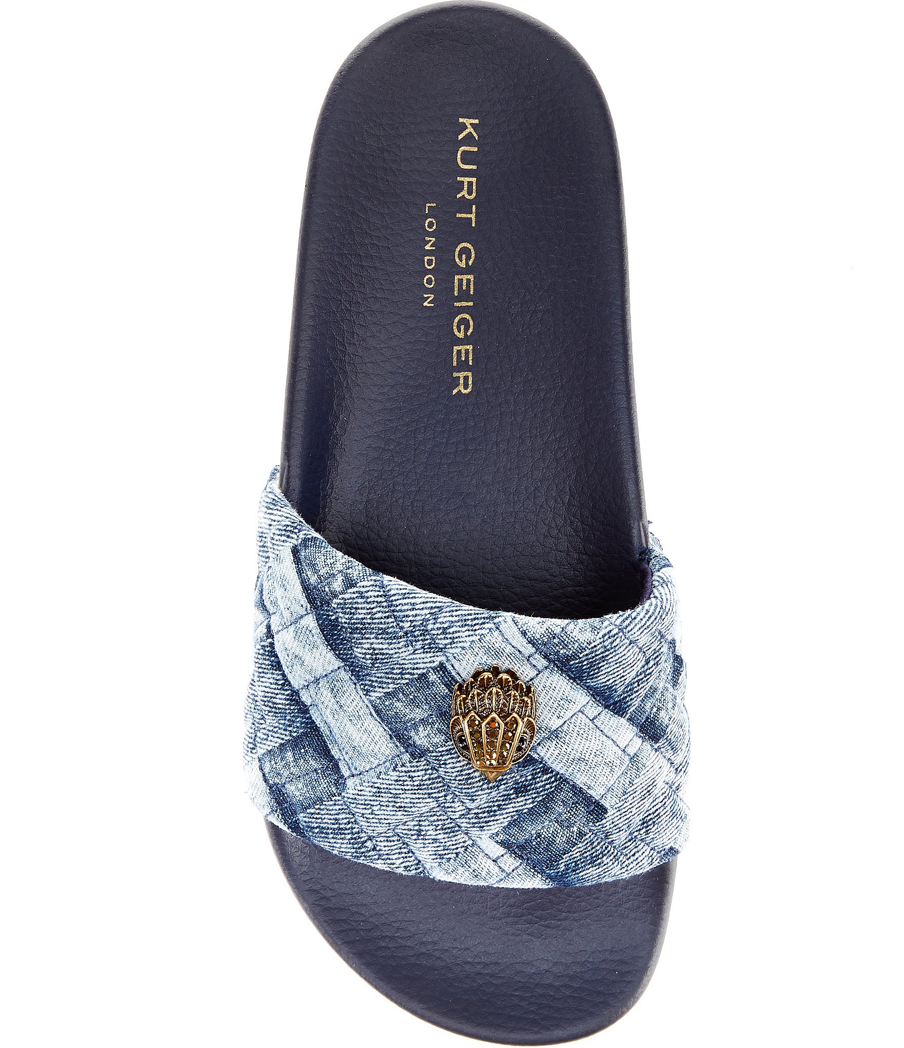 Kurt Geiger London Meena Quilted Denim Patchwork Logo Ornament Pool Slide Sandals