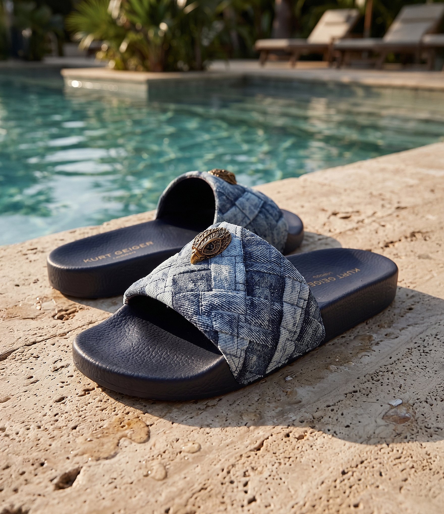 Kurt Geiger London Meena Quilted Denim Patchwork Logo Ornament Pool Slide Sandals