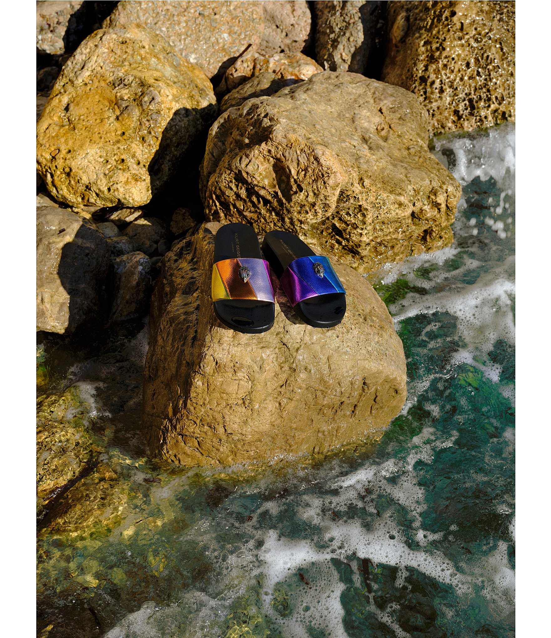 Kurt Geiger London Meena Striped Quilted Metallic Rainbow Logo Ornament Pool Slides