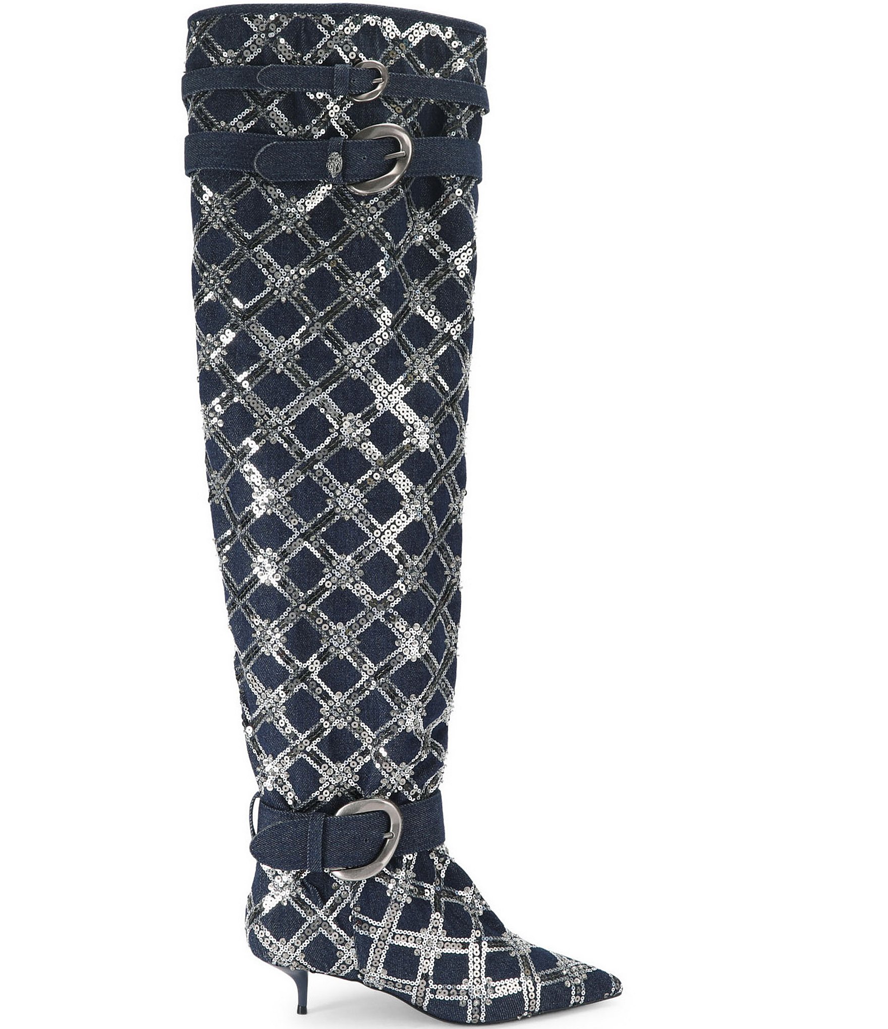 Kurt Geiger London Opera Denim Sequin Embellished Plaid Over The Knee Boots