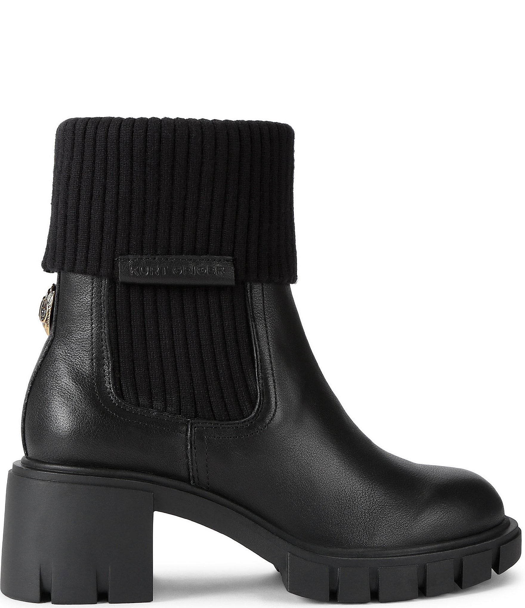 Kurt Geiger London Snug Foldover Sock Leather Eagle Ornament Chunky Ankle Booties
