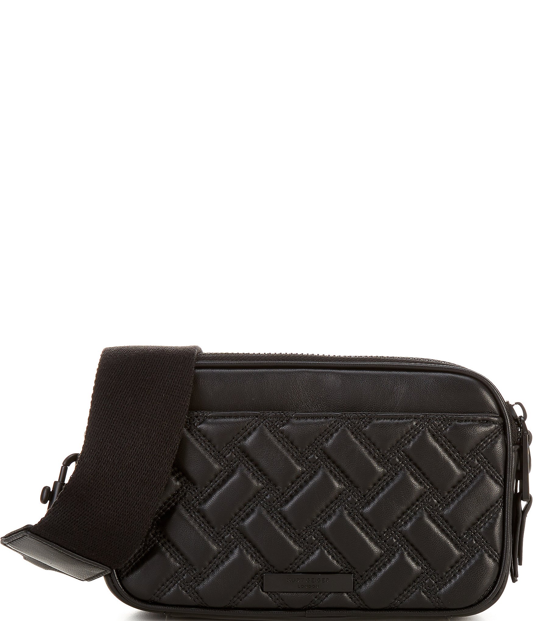 Kurt Geiger London Two Zip Kensington Drench Black Quilted Leather Small Camera Crossbody Bag