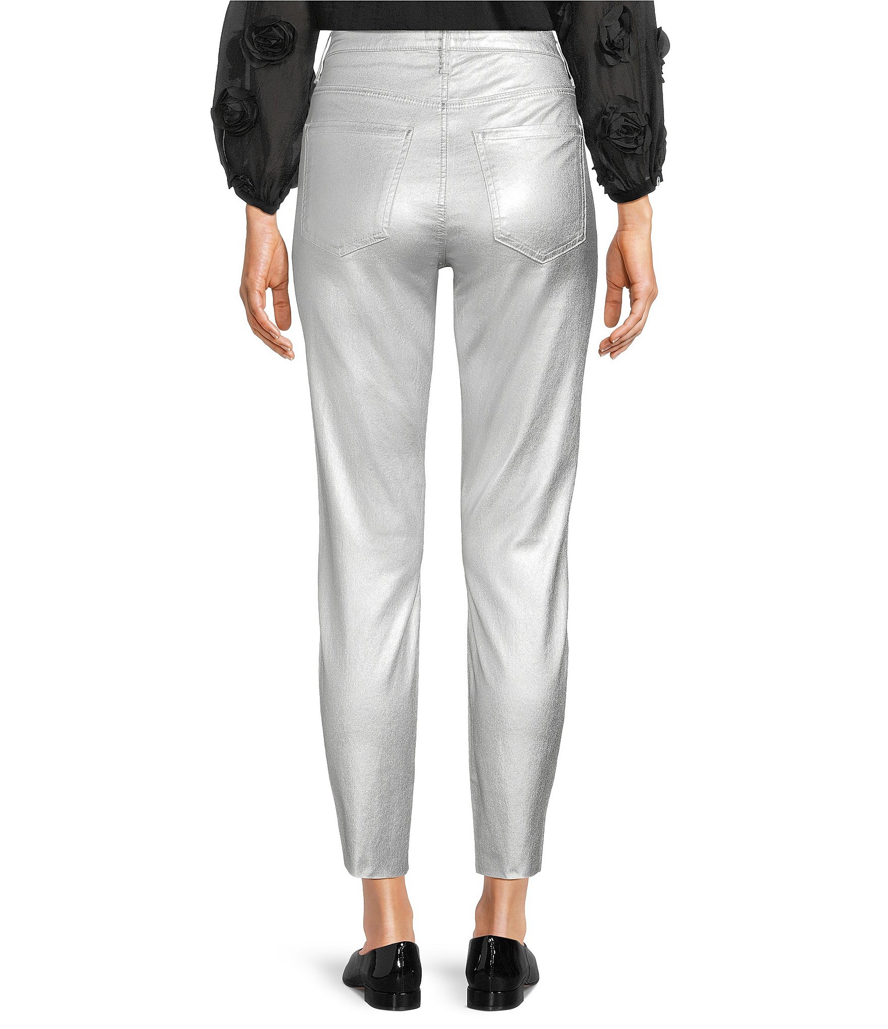 KUT from the Kloth Charlize Metallic Coated High Rise Fab Ab Technology Cropped Straight Leg Jeans