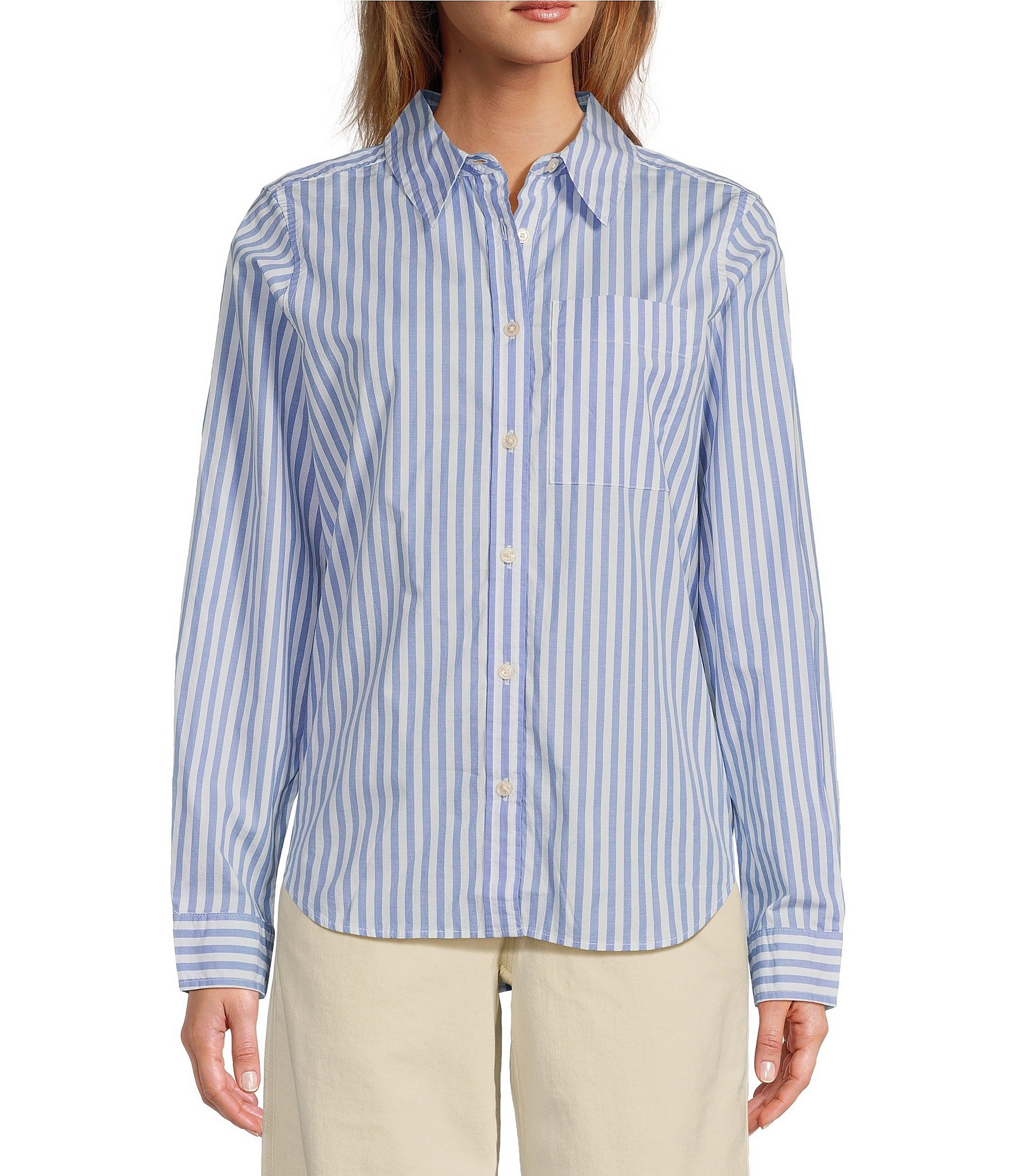 L.L.Bean Essential Cotton Poplin Stripe Print Collar Neckline Long Sleeve Shirt