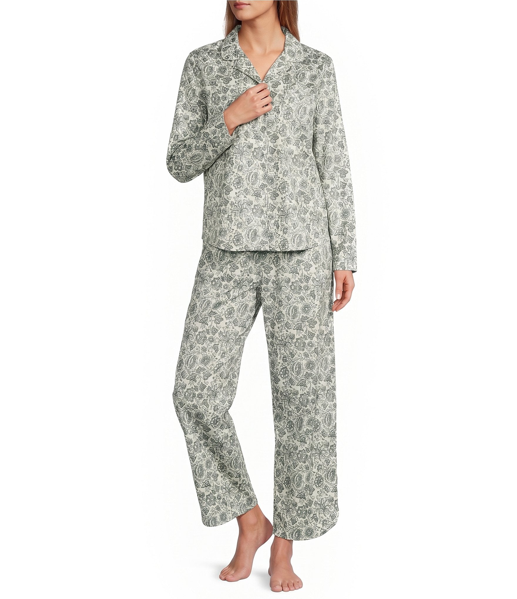L.L.Bean Faded Batik Floral Printed Poplin Long Sleeve Notch Collar Pajama Set