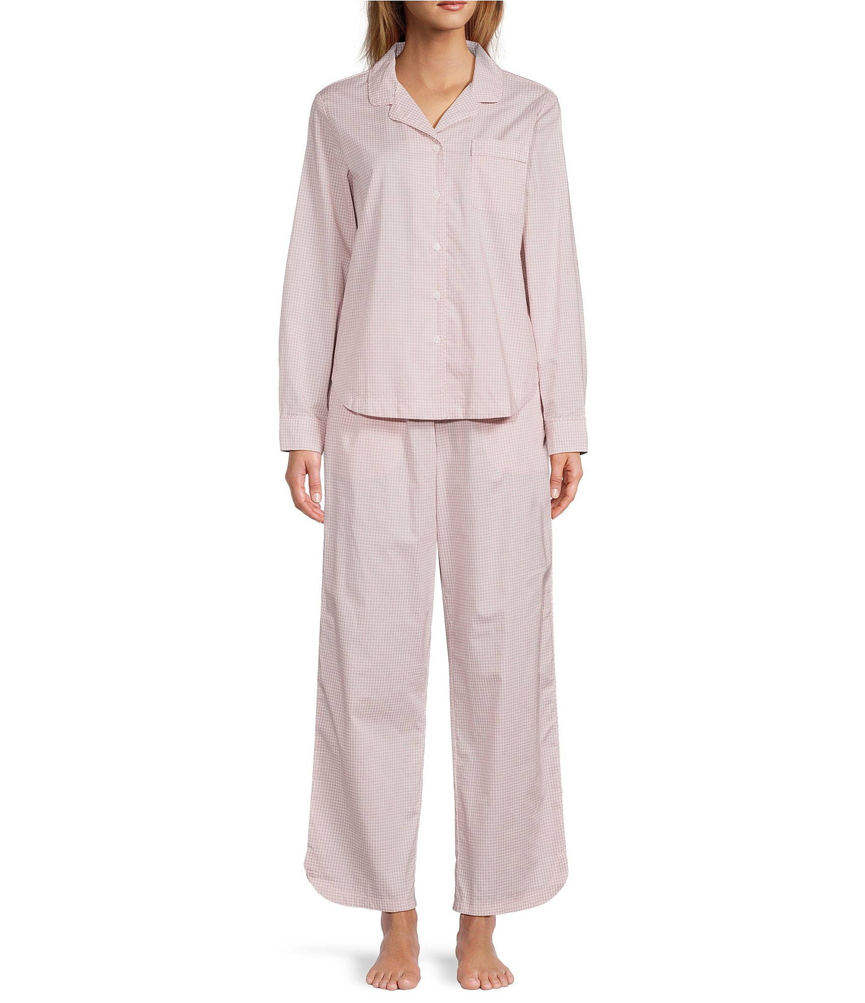 L.L.Bean Gingham Printed Poplin Long Sleeve Notch Collar Pajama Set