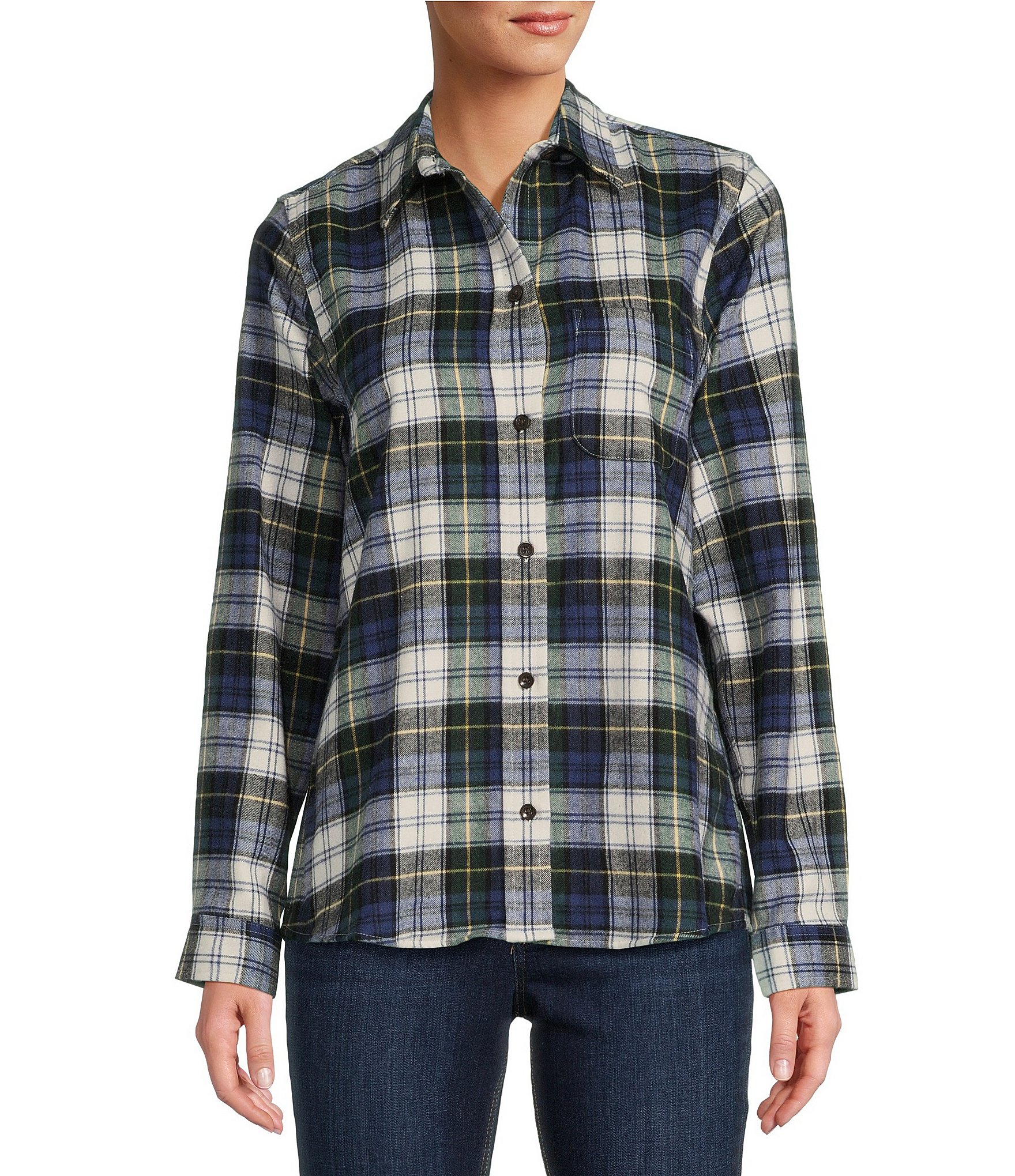 L.L.Bean Indigo Tartan Scotch Plaid Flannel Point Collar Long Sleeve Relaxed Fit Button Front Shirt