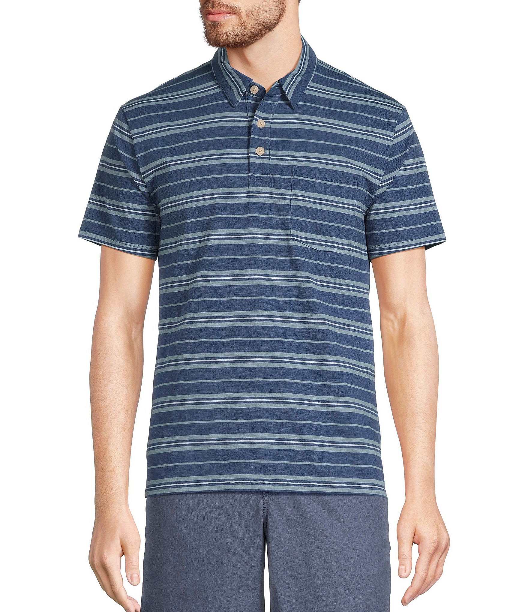 L.L.Bean Lakewashed Relaxed Fit Performance Stretch Short Sleeve Striped Polo Shirt