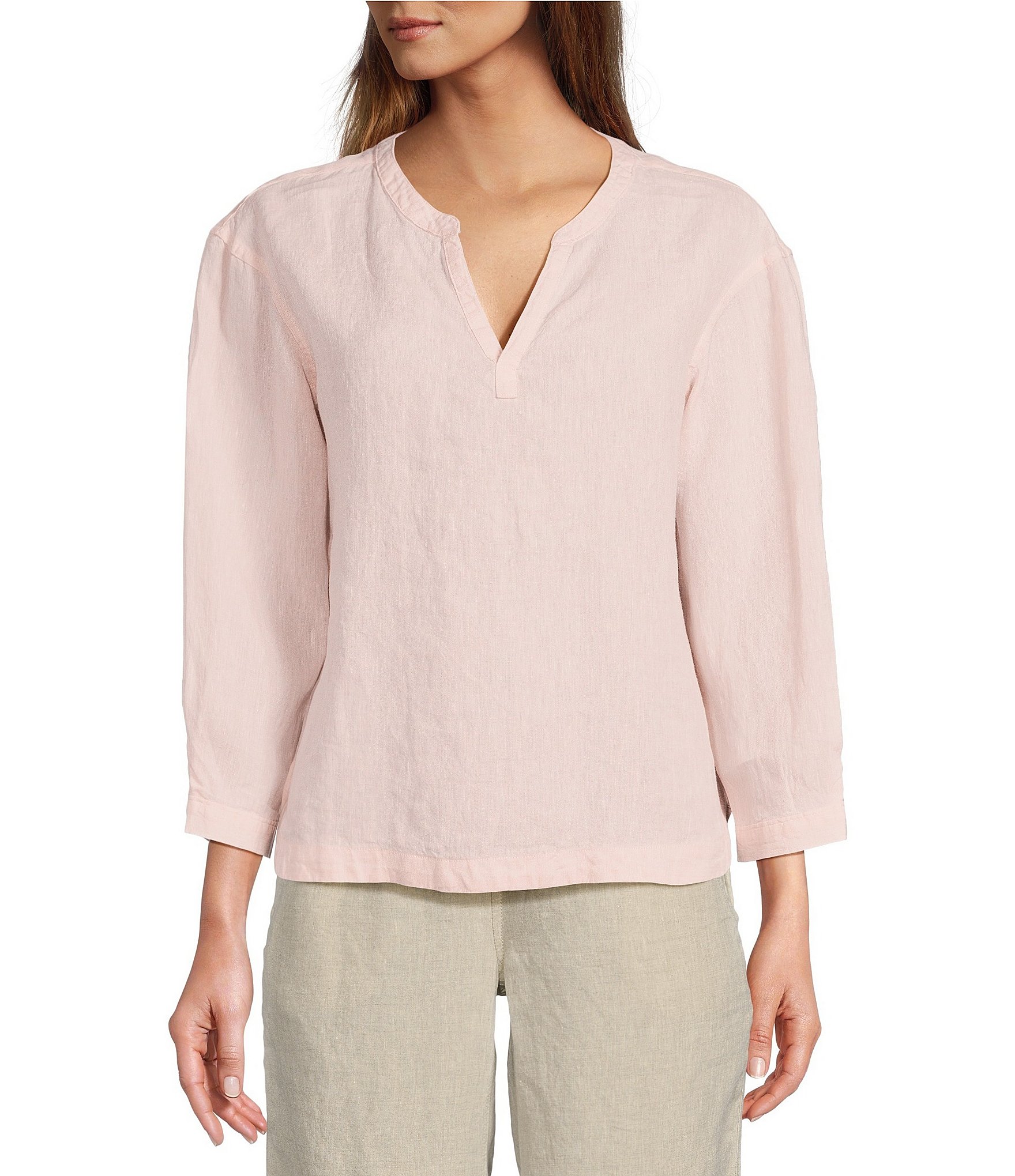 L.L.Bean Linen Split Round Neck Long Sleeve Blouse