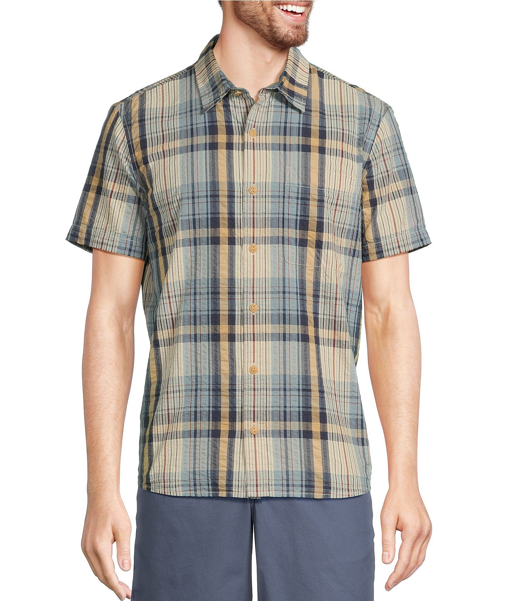 L.L.Bean Madras Bright Plaid Seersucker Short Sleeve Shirt