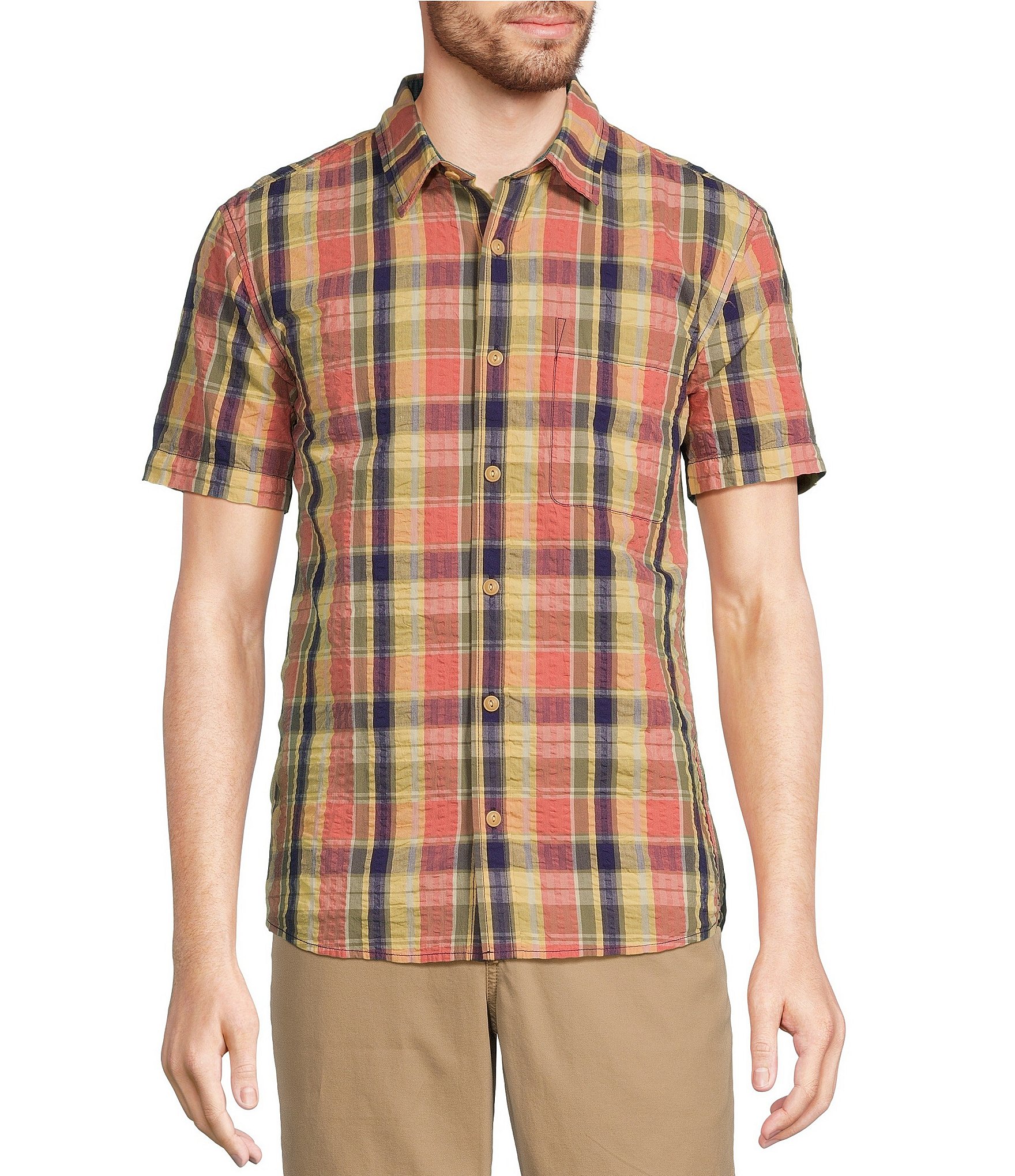 L.L.Bean Madras Multi Plaid Seersucker Short Sleeve Shirt