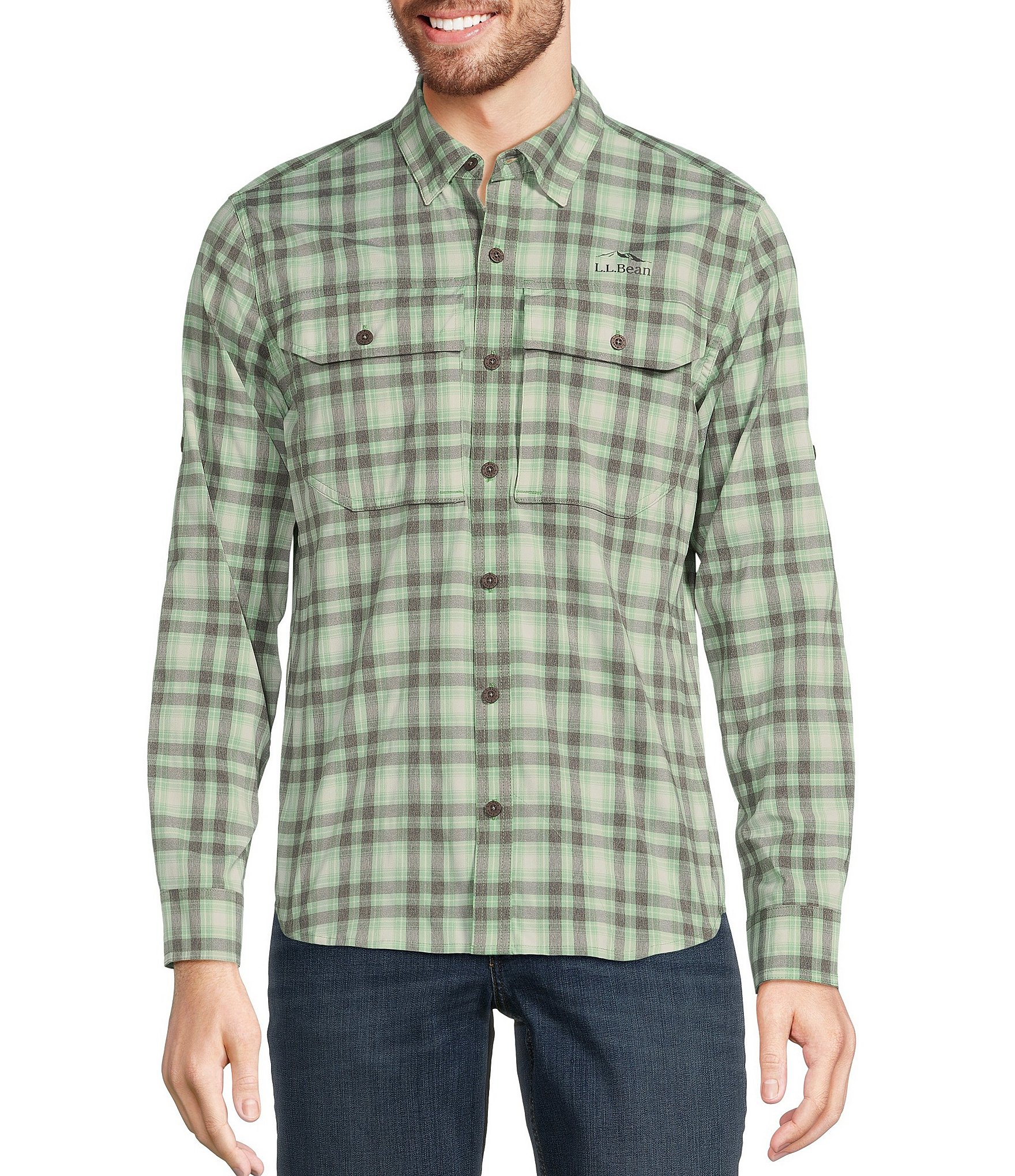 L.L.Bean Performance Stretch No Fly Zone Plaid Long Sleeve Woven Shirt