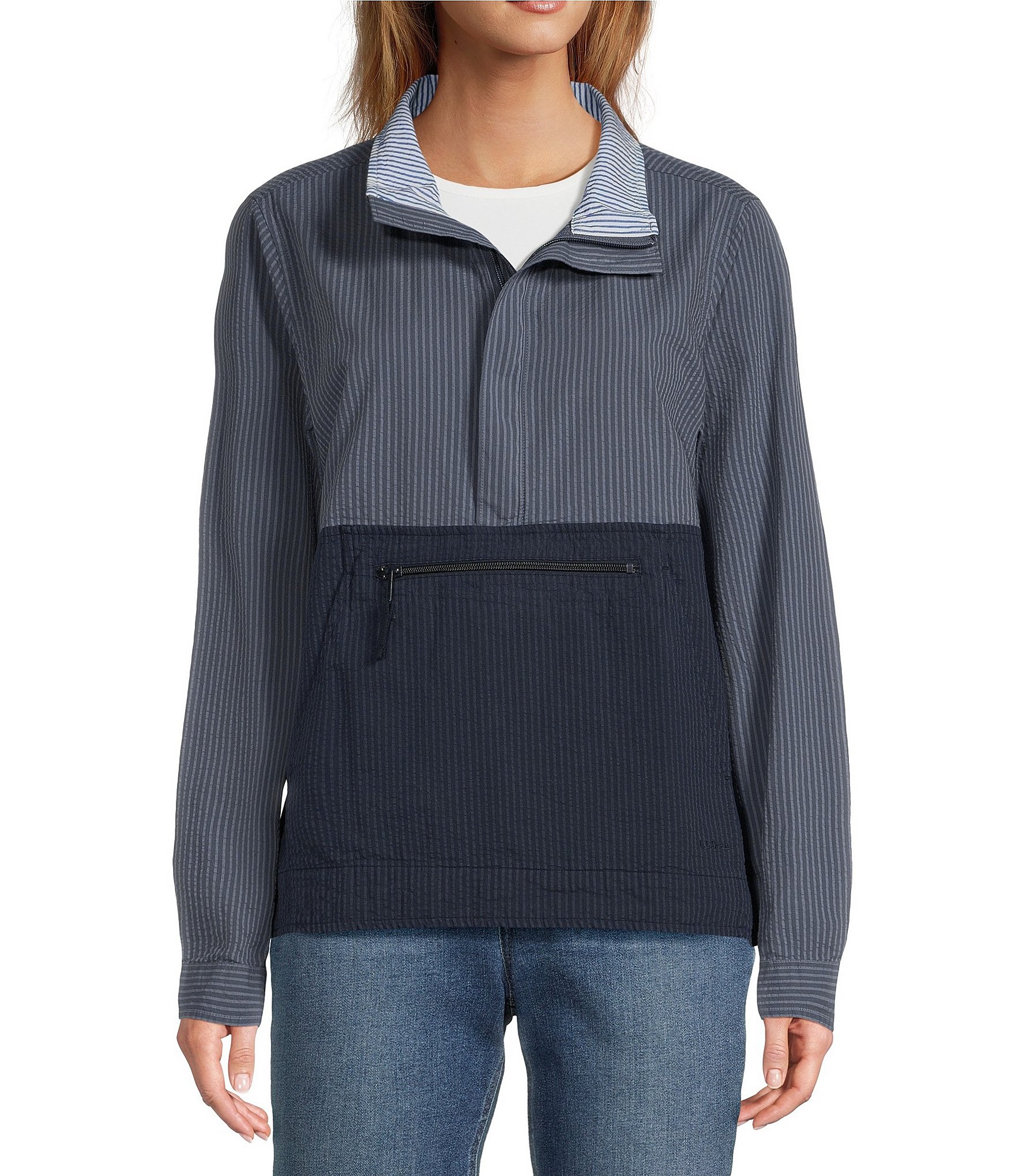 L.L.Bean Seersucker Anorak Mock Neck Half Zip Pullover Long L.L.Bean Seersucker Anorak Mock Neck Half Zip Pullover Long