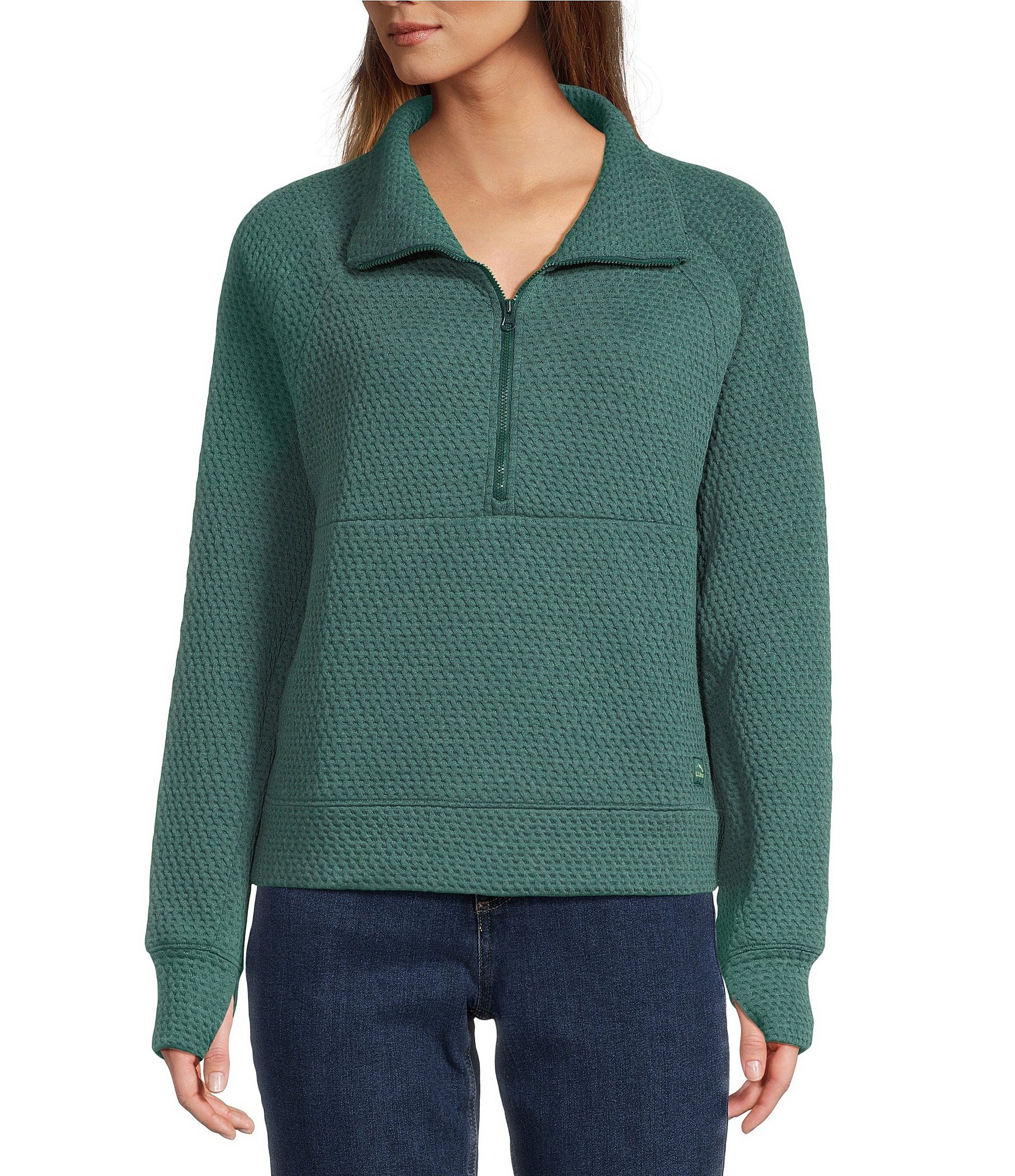 L.L.Bean Solid Ridge Knit Texture Stand Collar Oversize Fit Half Zip Pullover