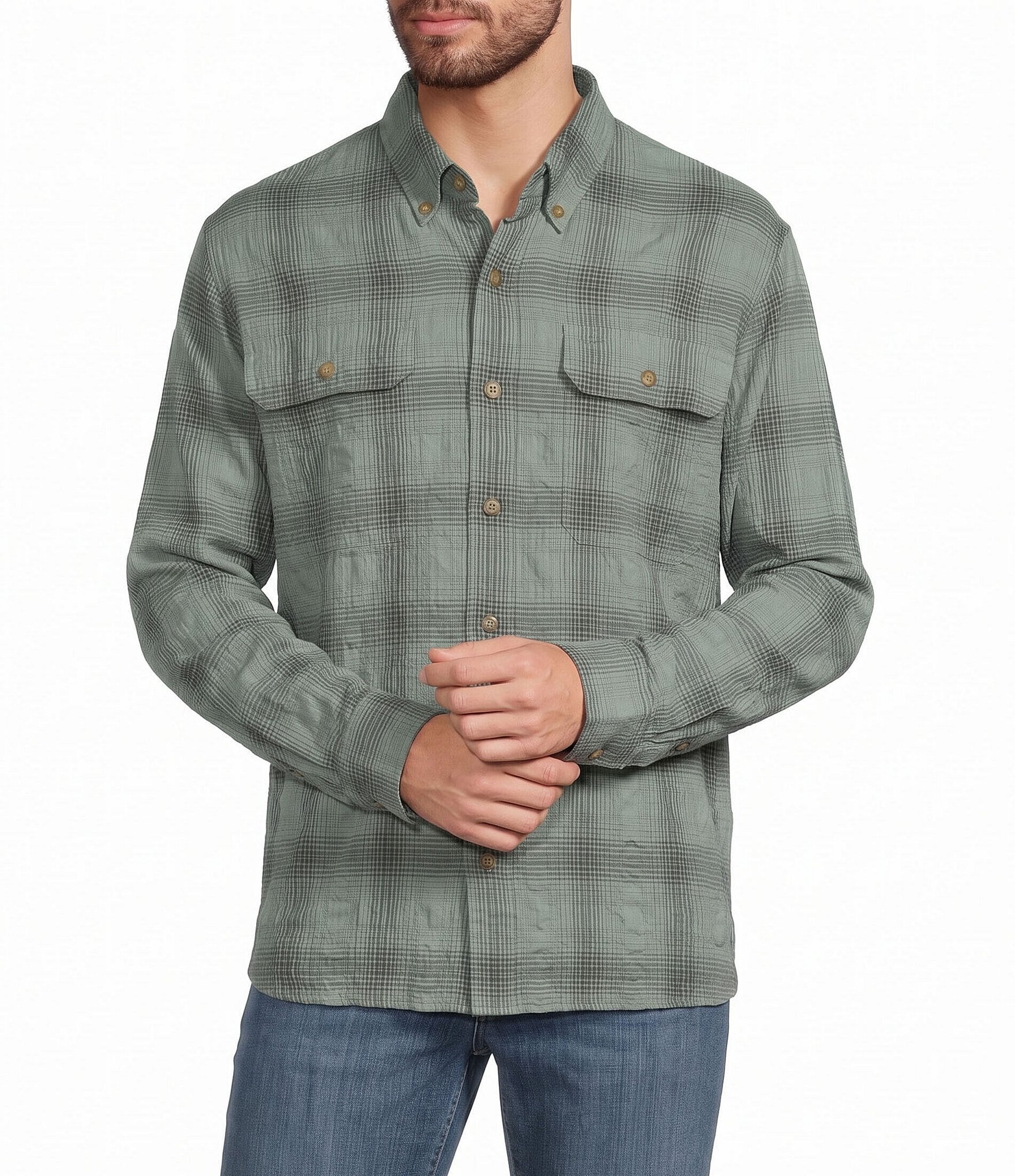 L.L.Bean Sunwashed Textured Plaid Long Sleeve Woven Shirt