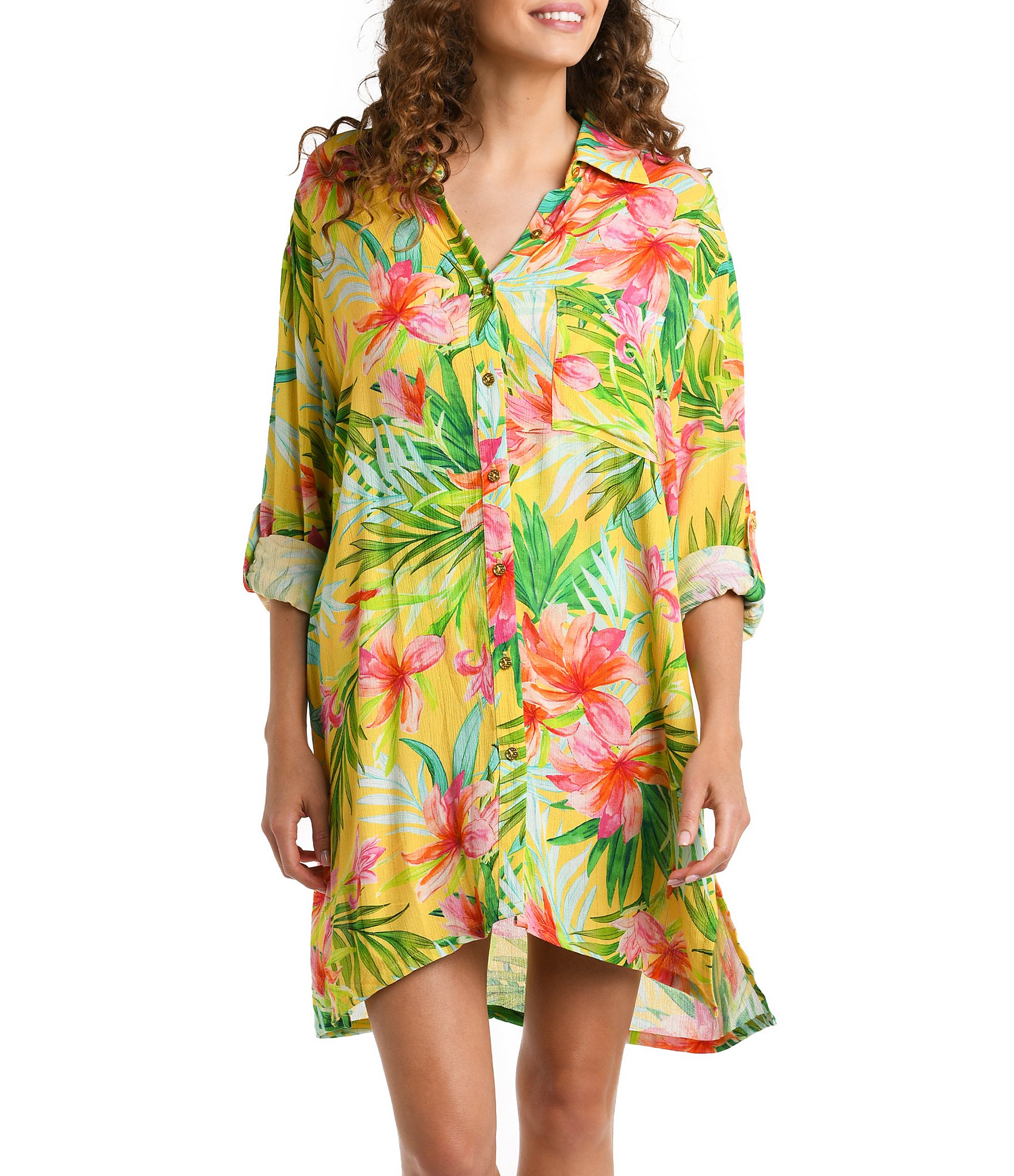 La Blanca Calypso Bloom Tropical Floral Button Front Camp Shirt Swim ...