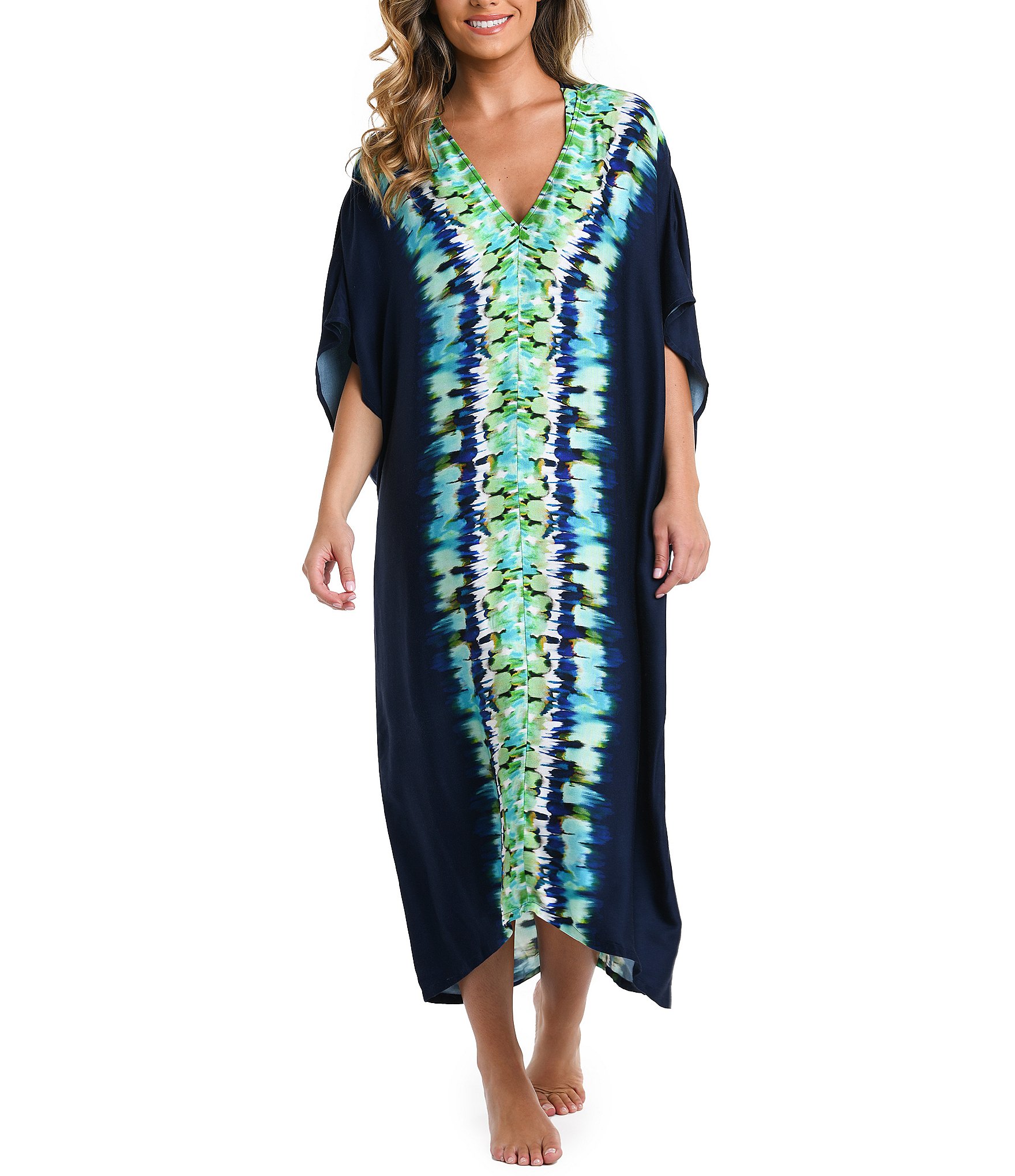 La Blanca Monarch Seas Tie Dye Print V-Neck Maxi Caftan Swim Cover-Up ...