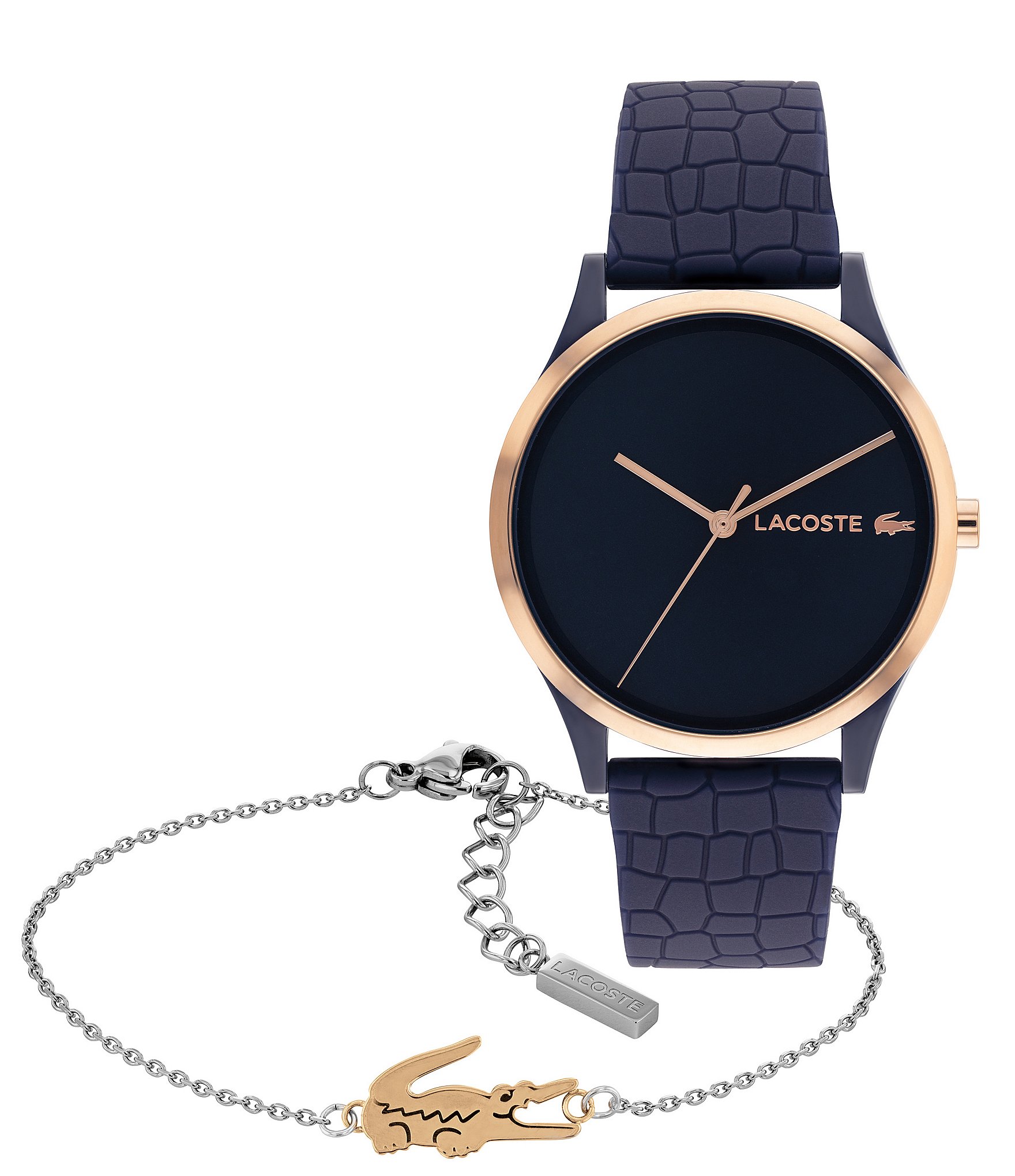 Lacoste Women's Crocodelle Three-Hand Navy Silicone Strap Watch and Two Tone Line Bracelet Set | Dillard's