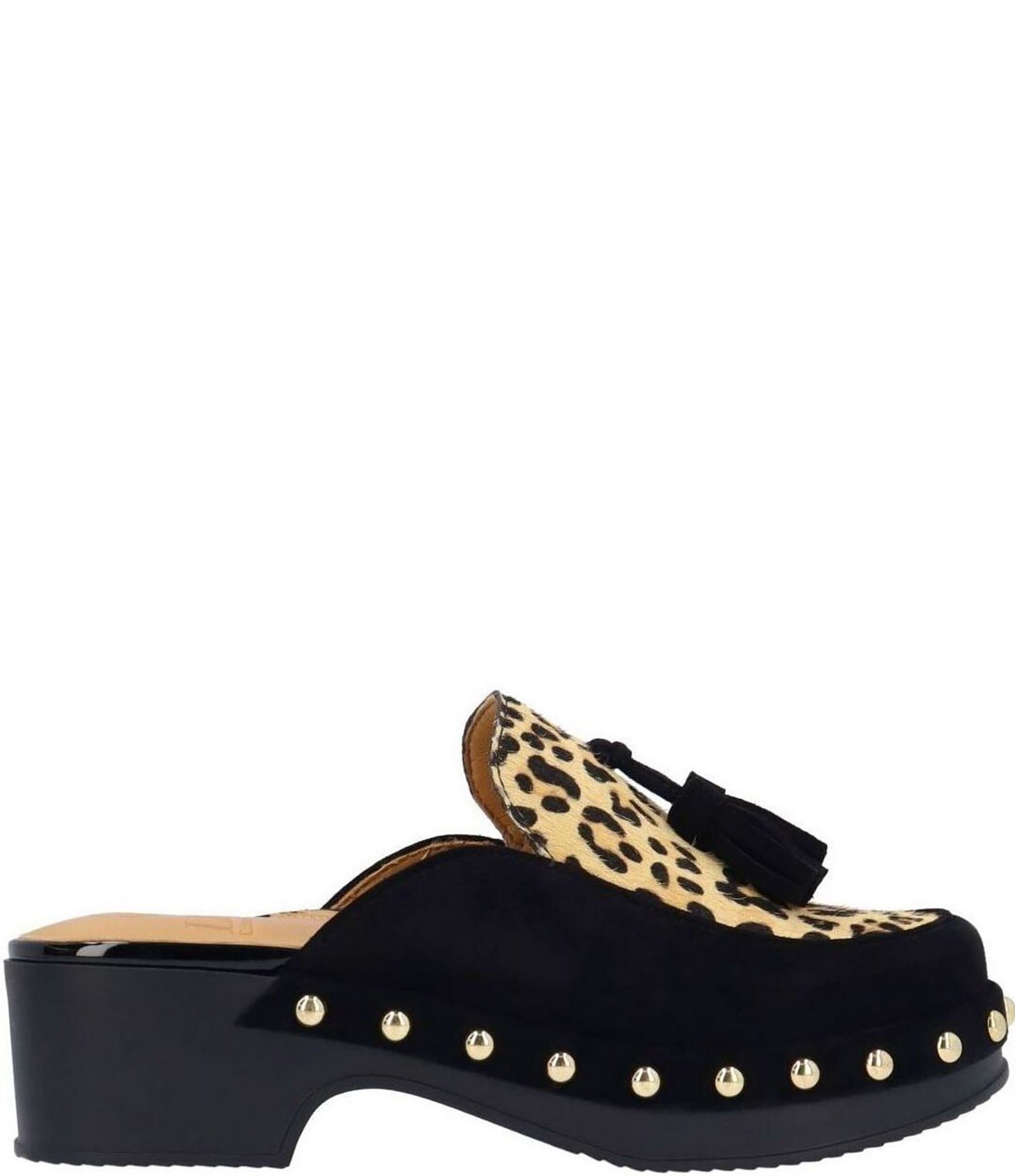 L'Amour Des Pieds Gracen Suede Leopard Print Calf Hair Tassel Studded Clog Mules