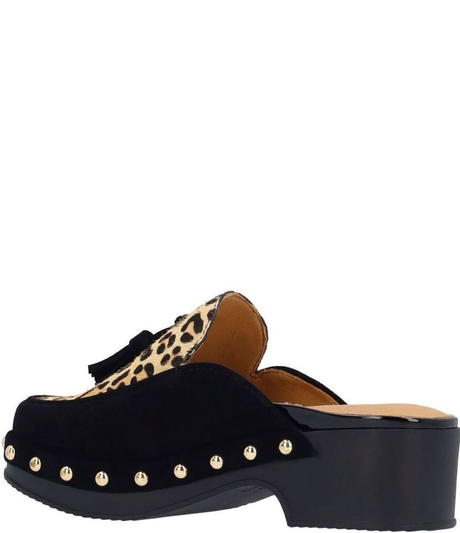 L'Amour Des Pieds Gracen Suede Leopard Print Calf Hair Tassel Studded Clog Mules