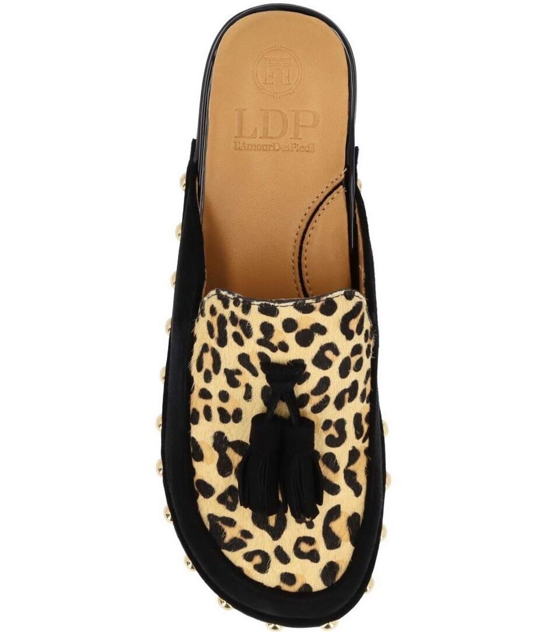 L'Amour Des Pieds Gracen Suede Leopard Print Calf Hair Tassel Studded Clog Mules