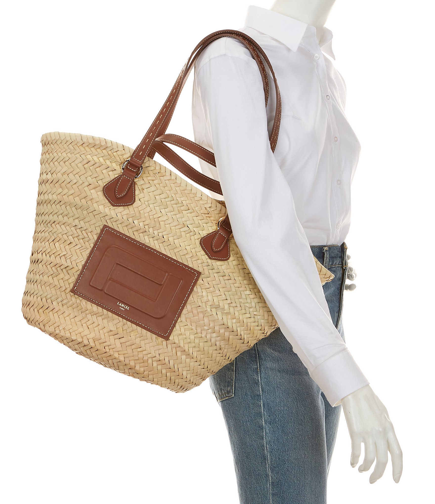 LANCEL Summer Large Snow Straw Basket Tote Bag