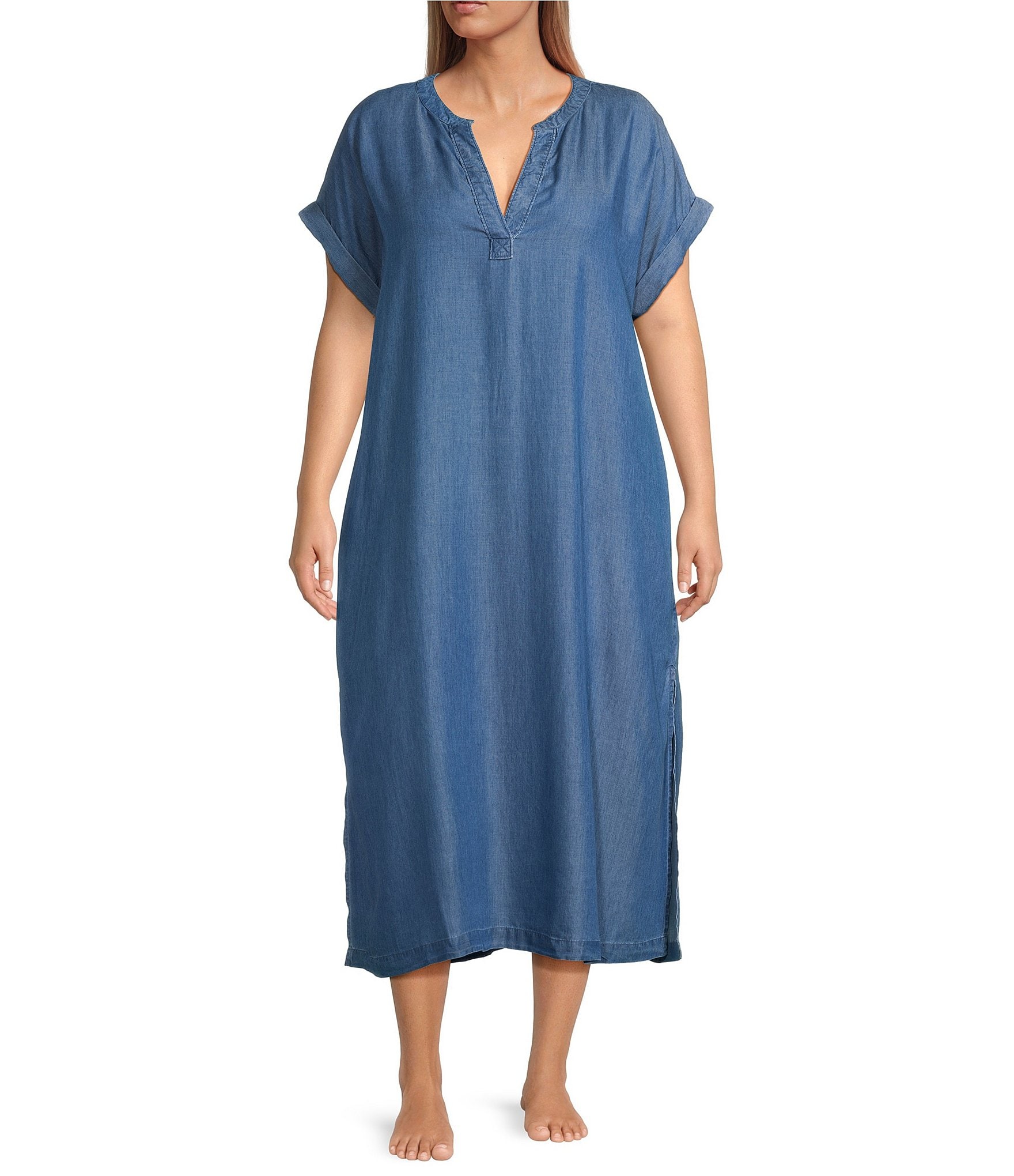 Landry Plus Size Solid Chambray Short Sleeve Split V-Neck Woven Caftan ...