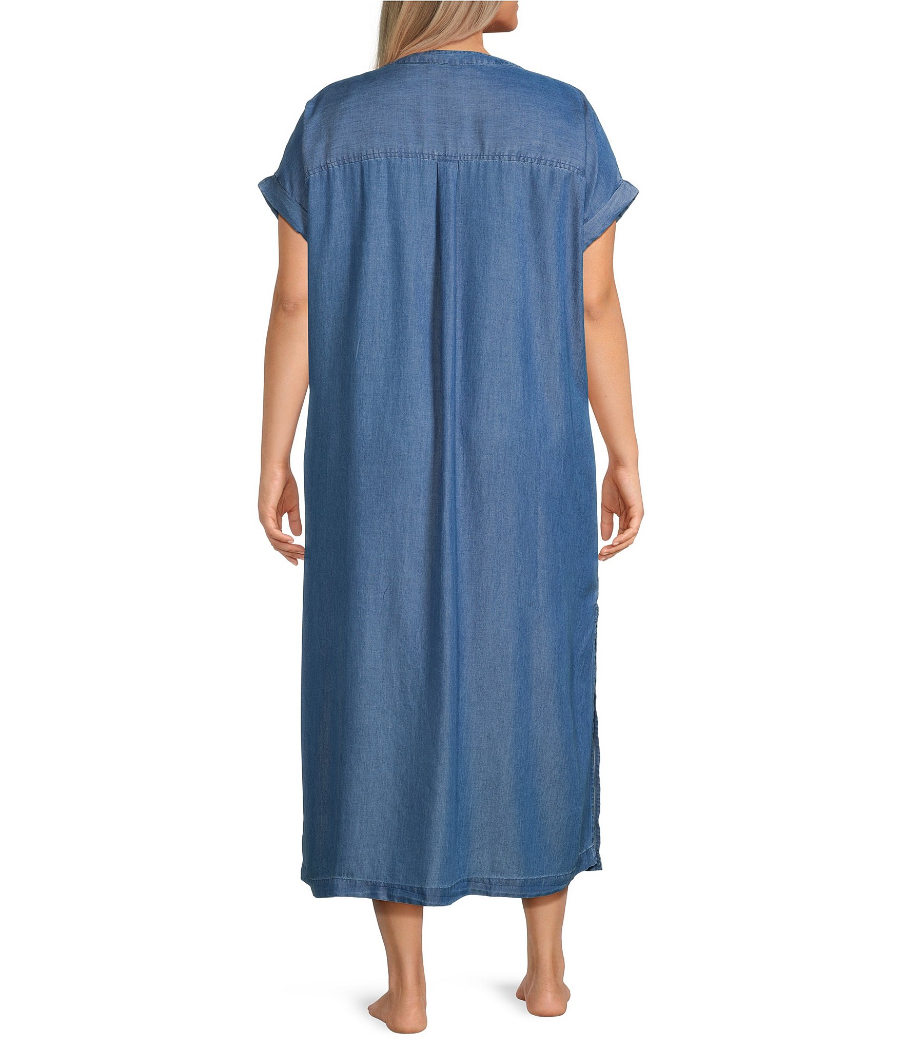 Landry Plus Size Solid Chambray Short Sleeve Split V-Neck Woven Caftan