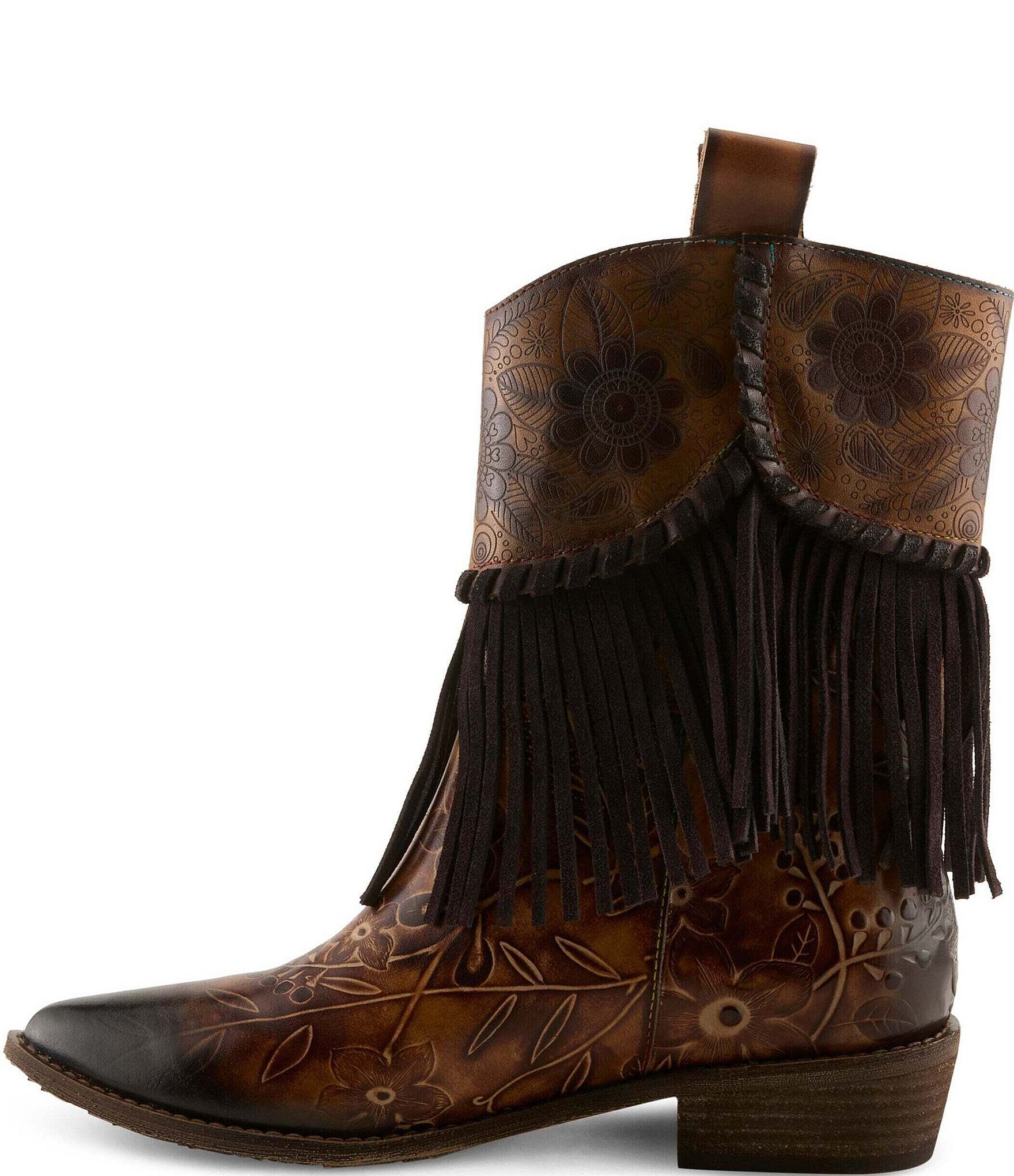 L'ARTISTE Bestfriend Leather Embossed Fringe Western Boots