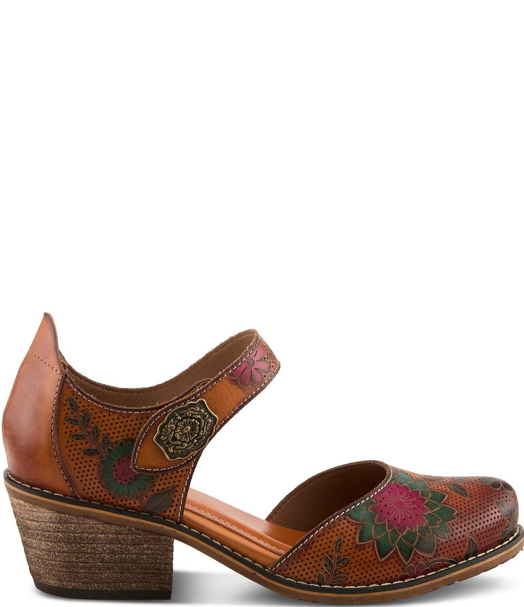 L'ARTISTE Cabracho Leather Floral Print Perforated Mary Jane Pumps