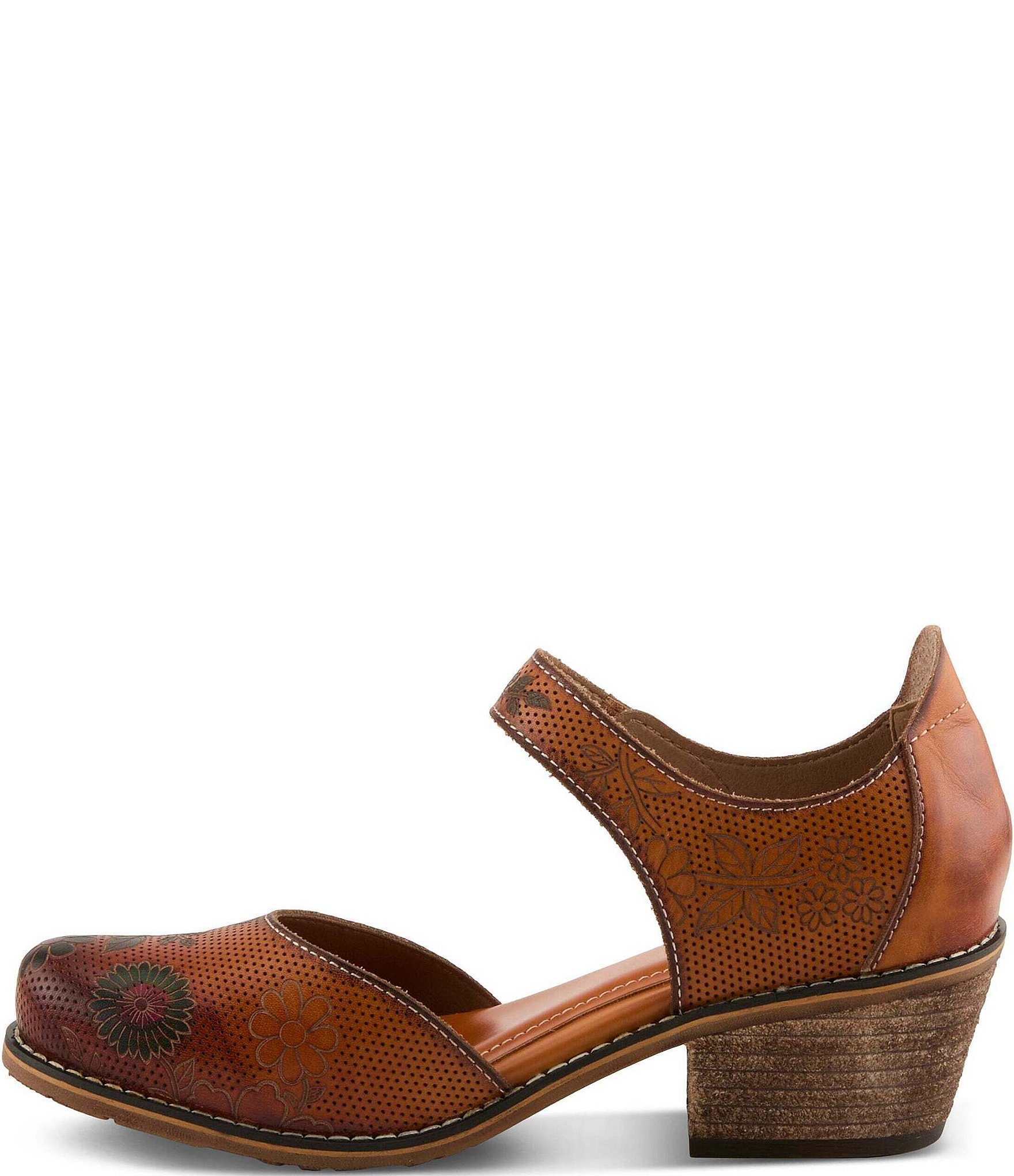 L'ARTISTE Cabracho Leather Floral Print Perforated Mary Jane Pumps