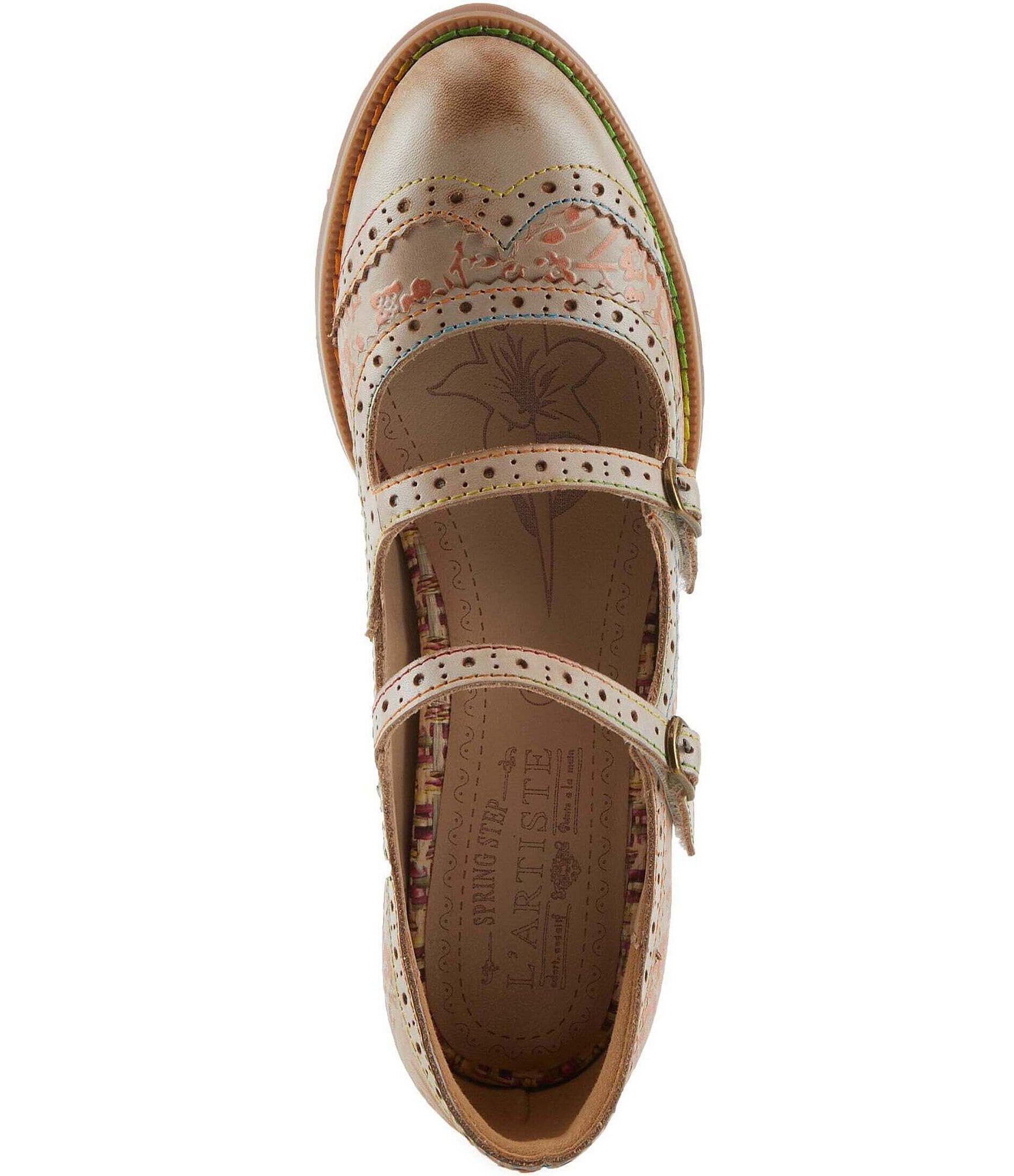L'ARTISTE Gaviria Floral Leather Brogue Detail Double Strap Mary Jane Pumps