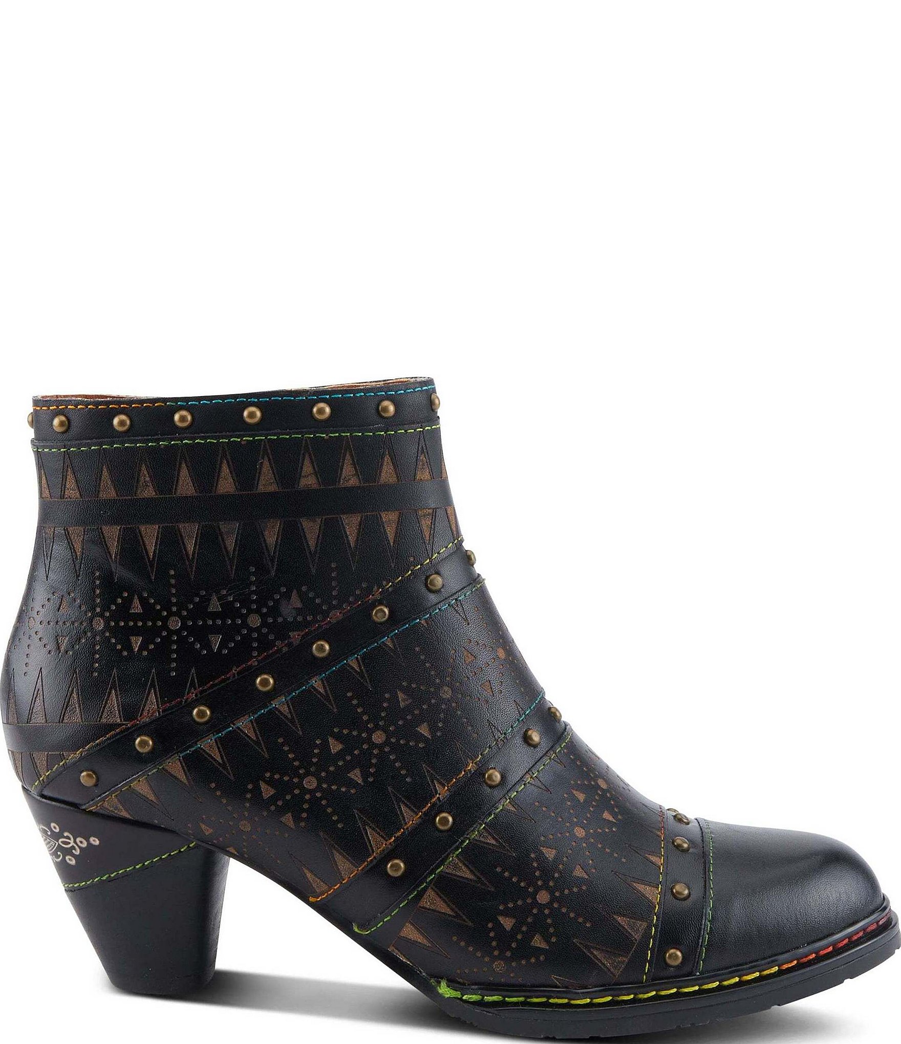 L'ARTISTE Niobe Etched Leather Studded Ankle Booties