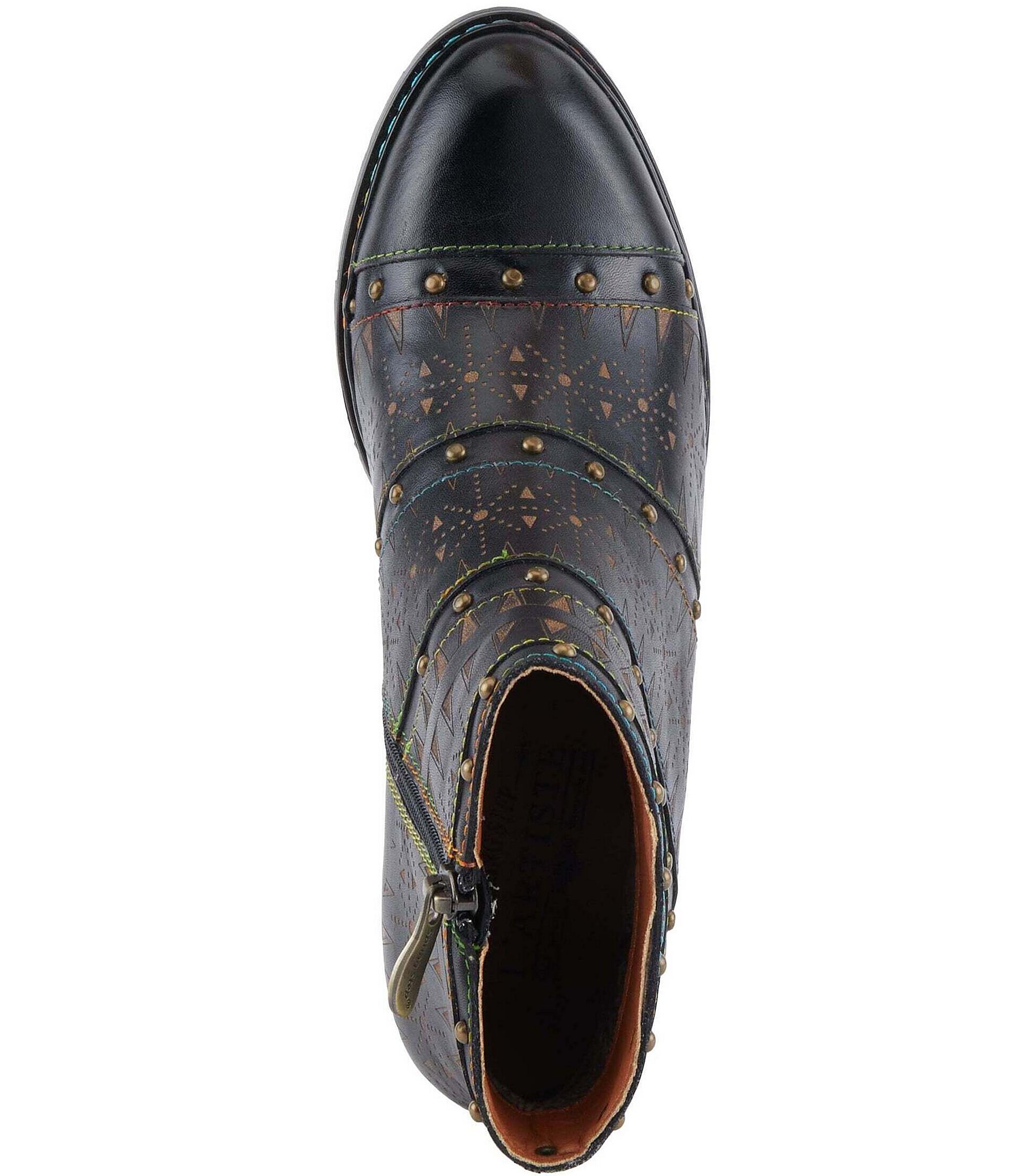 L'ARTISTE Niobe Etched Leather Studded Ankle Booties