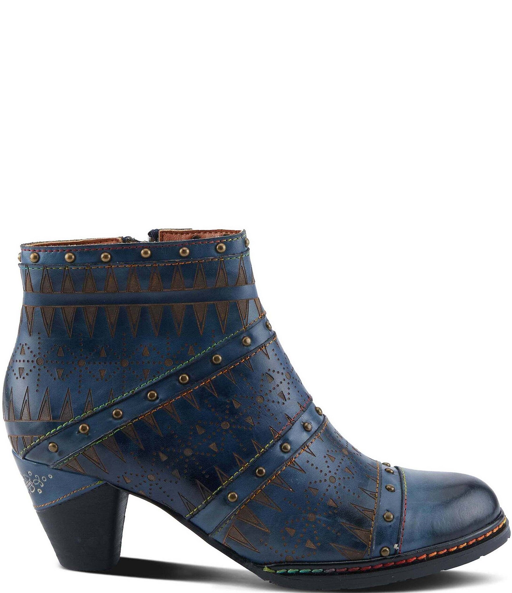 L'ARTISTE Niobe Etched Leather Studded Ankle Booties