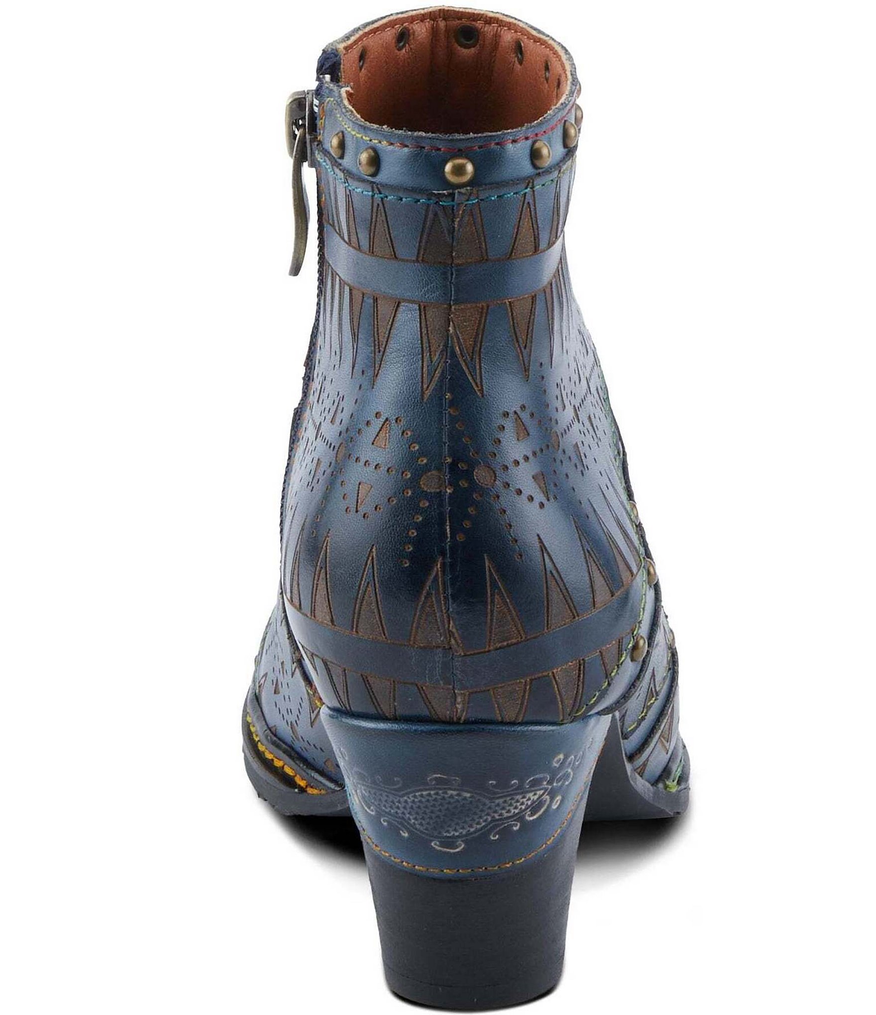 L'ARTISTE Niobe Etched Leather Studded Ankle Booties