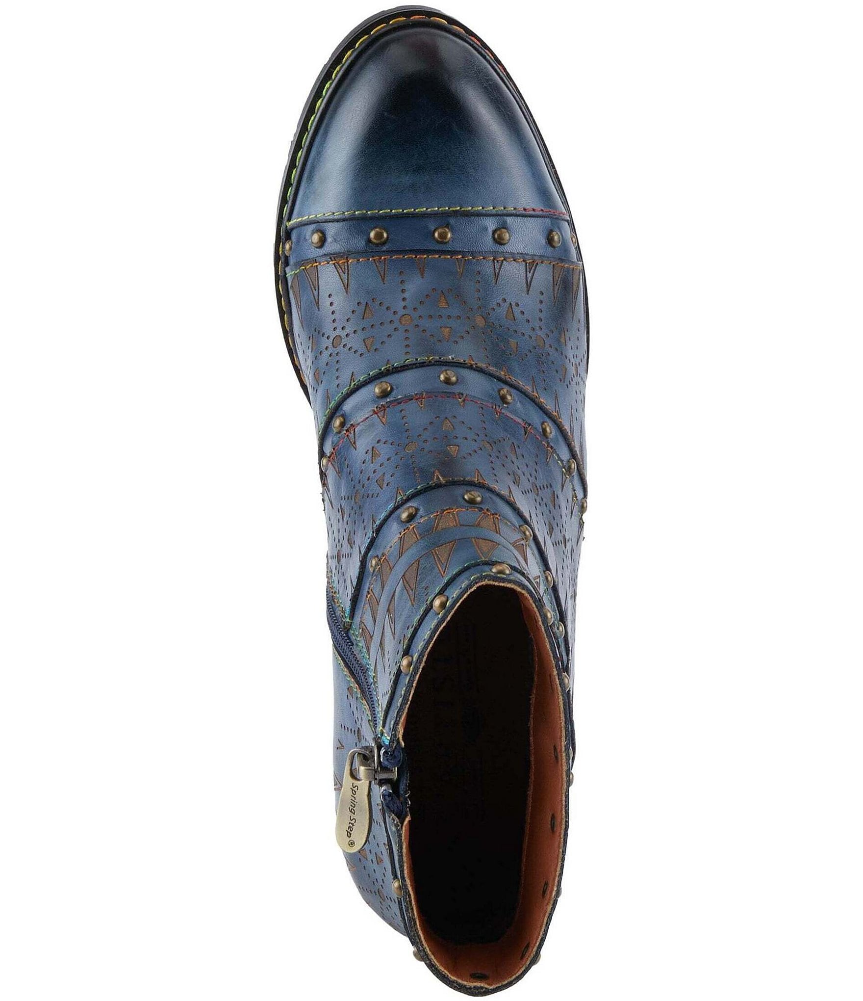 L'ARTISTE Niobe Etched Leather Studded Ankle Booties