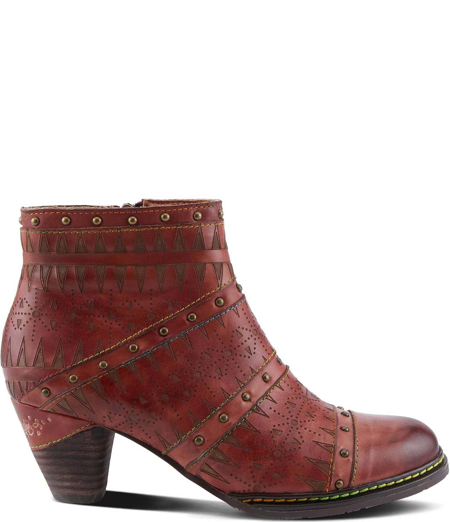 L'ARTISTE Niobe Etched Leather Studded Ankle Booties