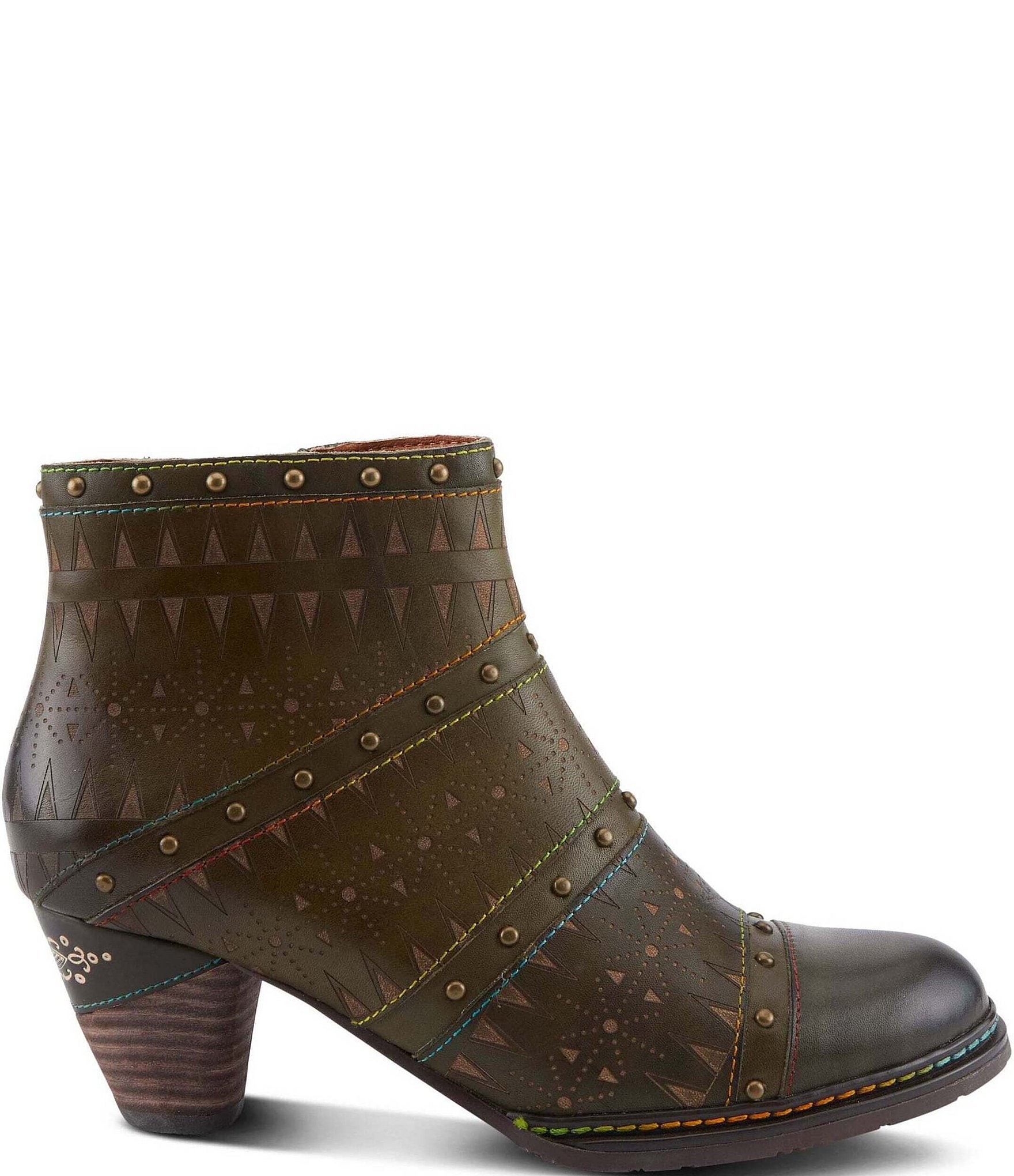 L'ARTISTE Niobe Etched Leather Studded Ankle Booties