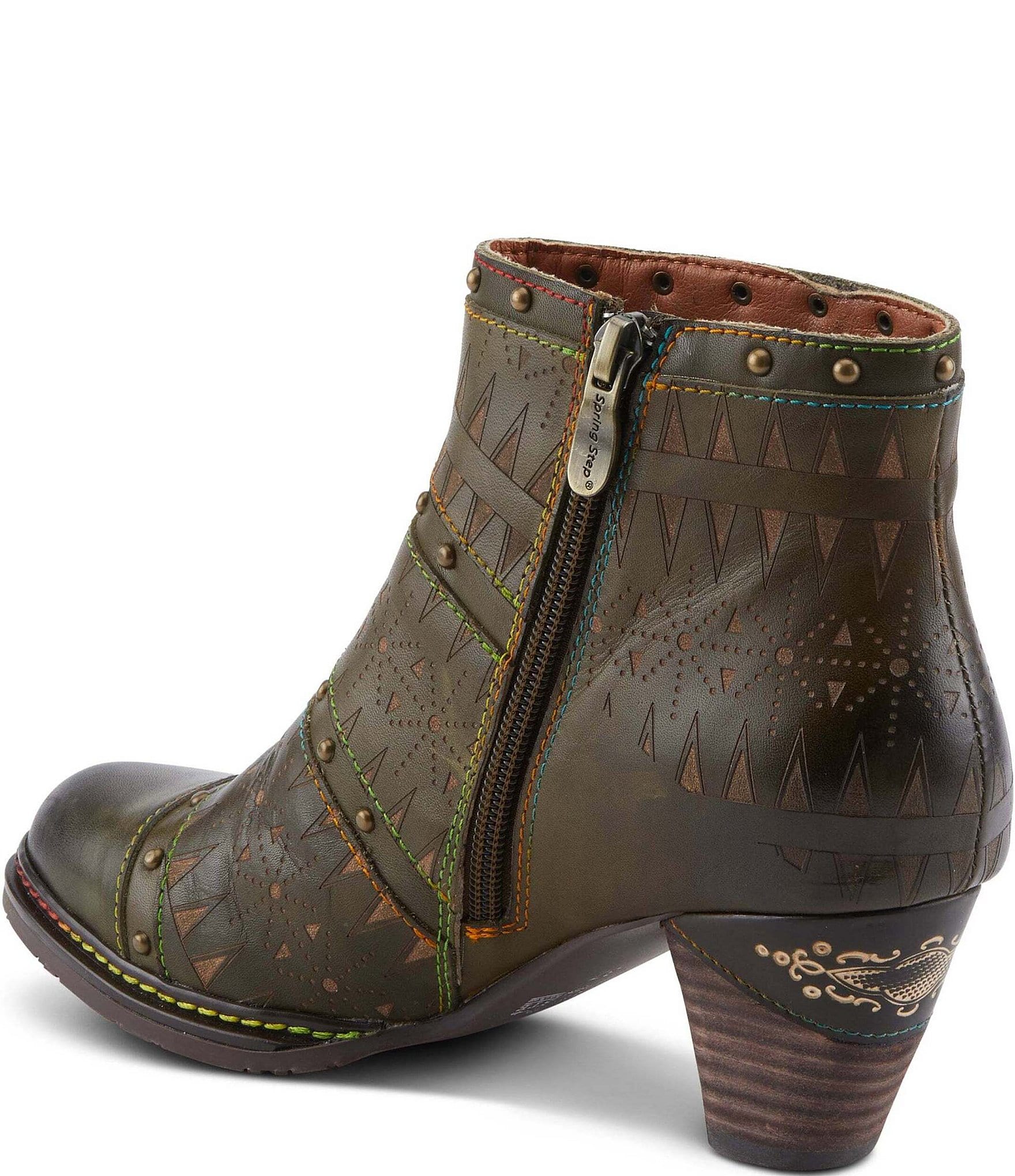 L'ARTISTE Niobe Etched Leather Studded Ankle Booties