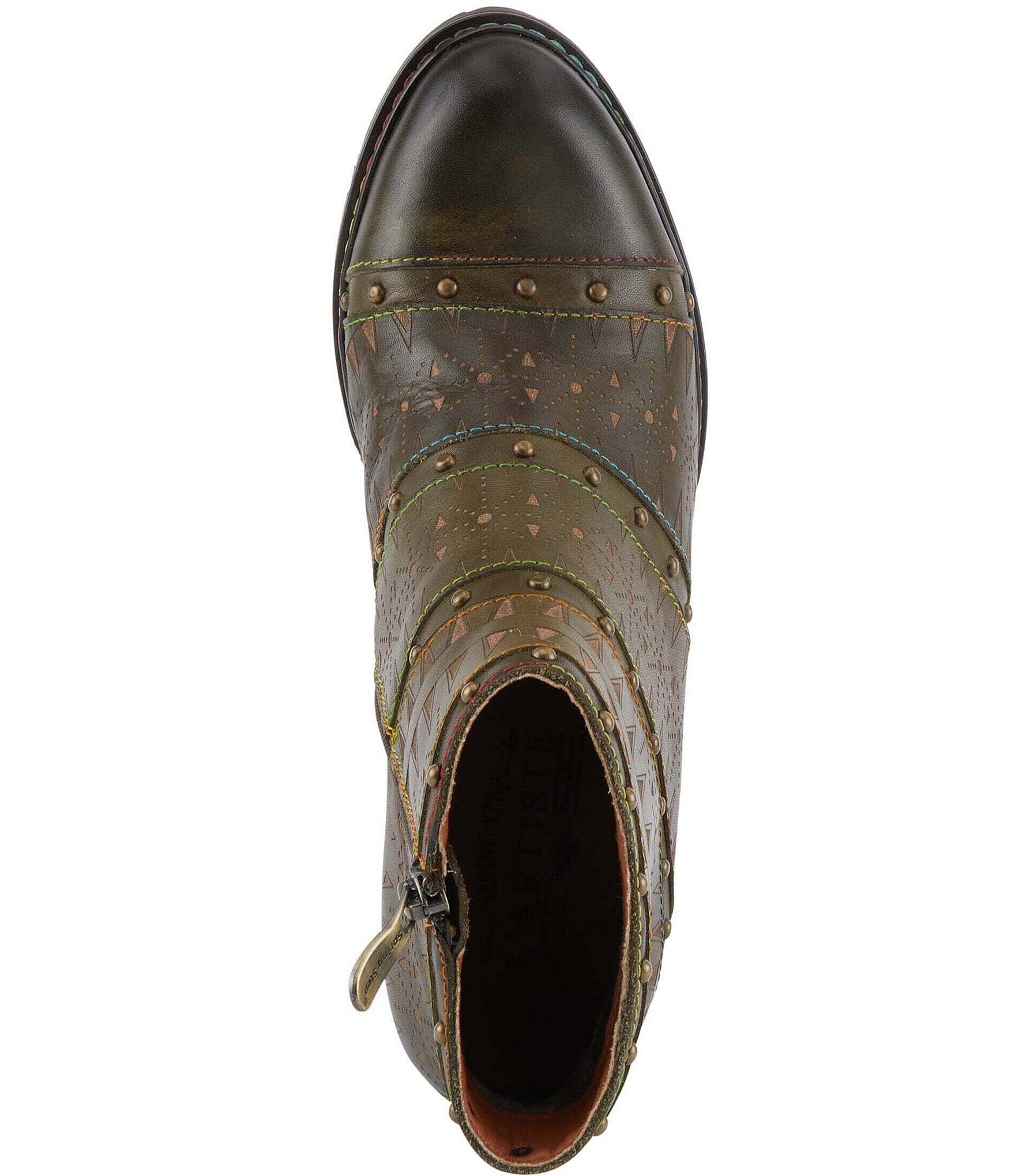 L'ARTISTE Niobe Etched Leather Studded Ankle Booties