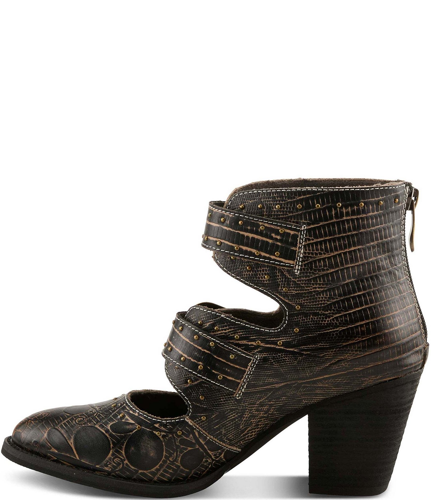 L'ARTISTE Notched Embossed Studded Leather Cut Out Western Buckle Hardware Booties