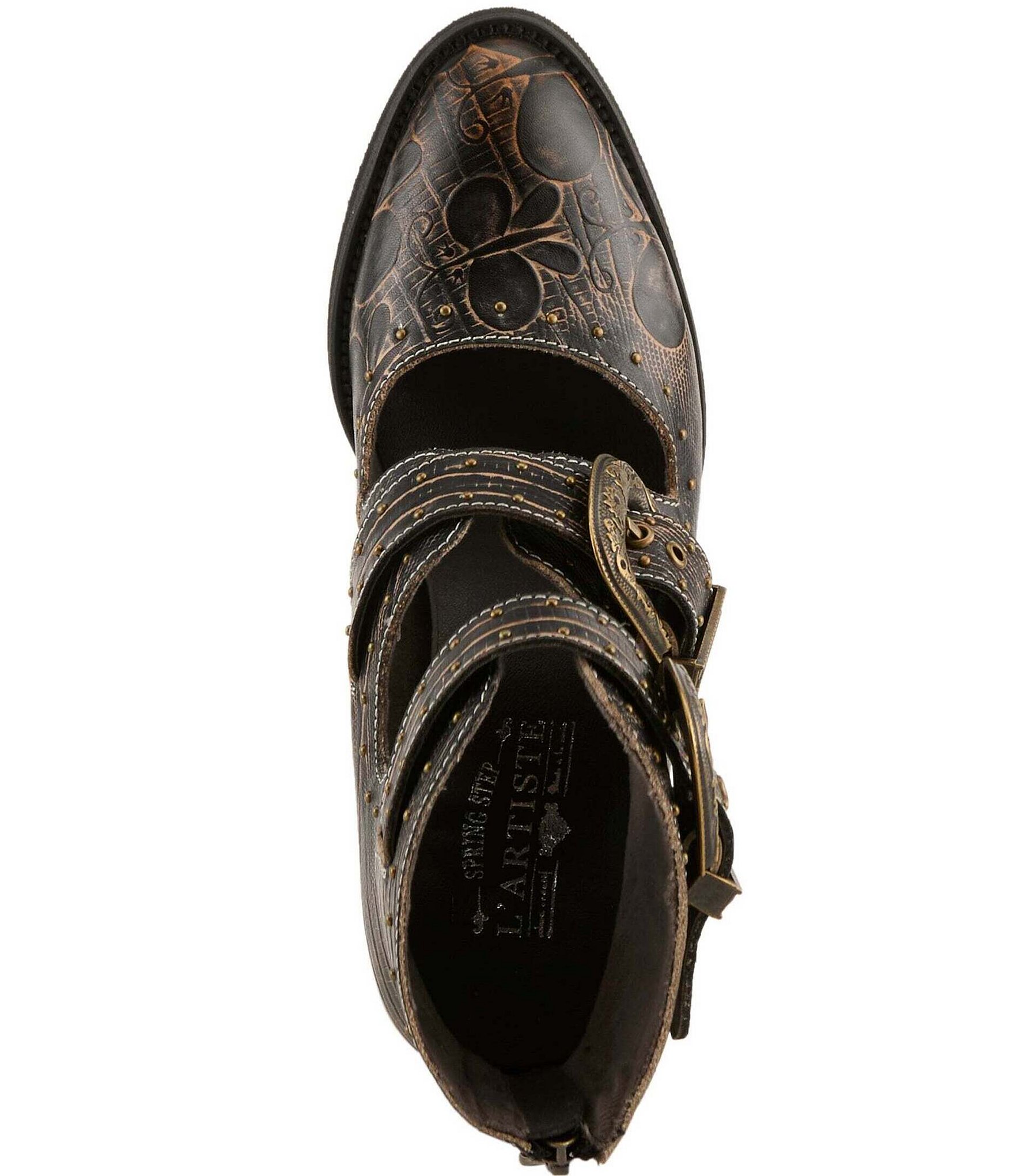 L'ARTISTE Notched Embossed Studded Leather Cut Out Western Buckle Hardware Booties