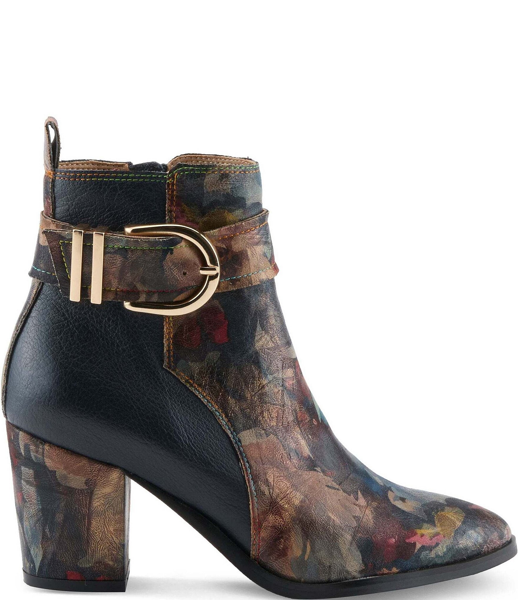 L'ARTISTE Rosa Floral Print Combo Leather Block Heel Booties