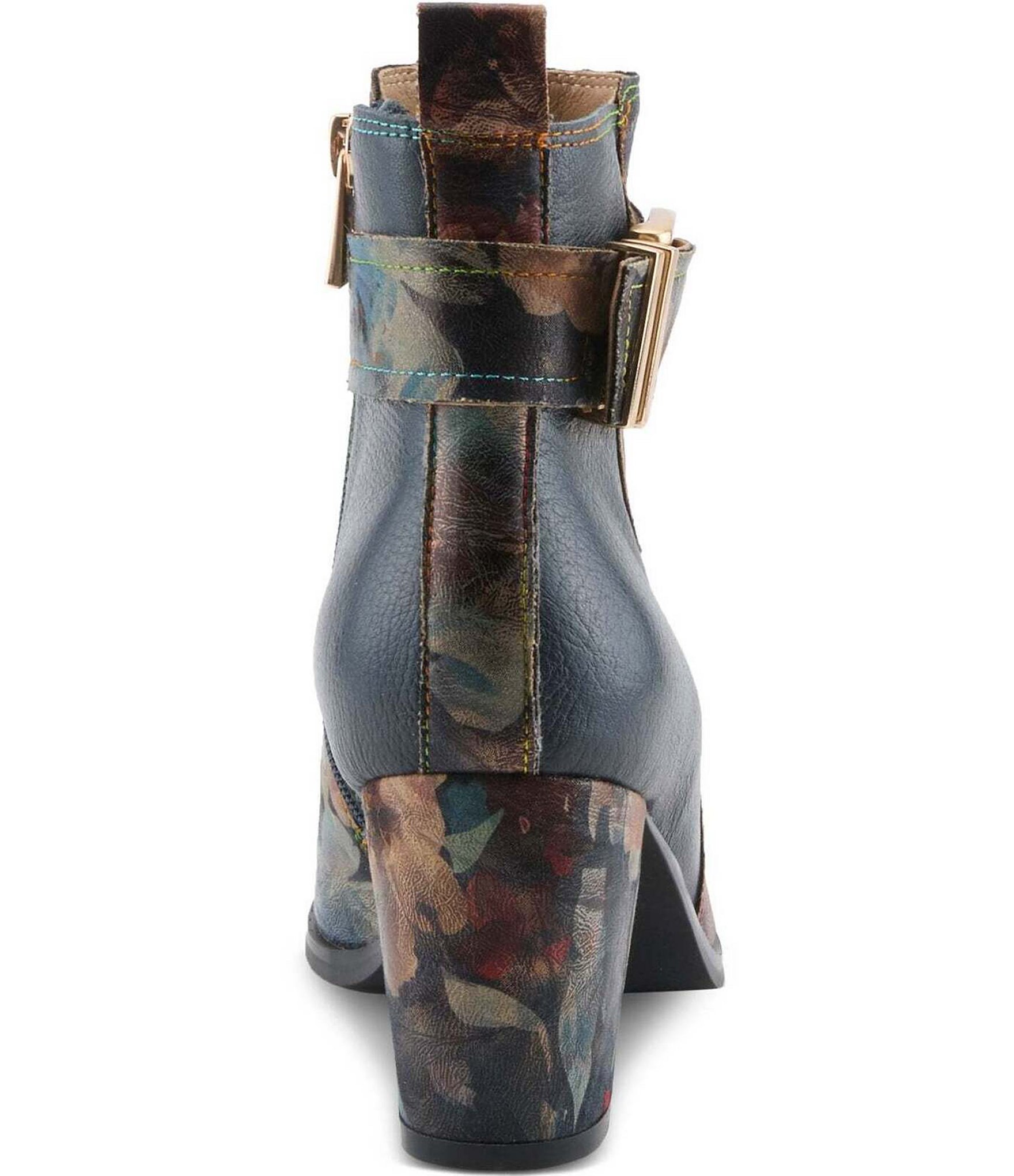 L'ARTISTE Rosa Floral Print Combo Leather Block Heel Booties
