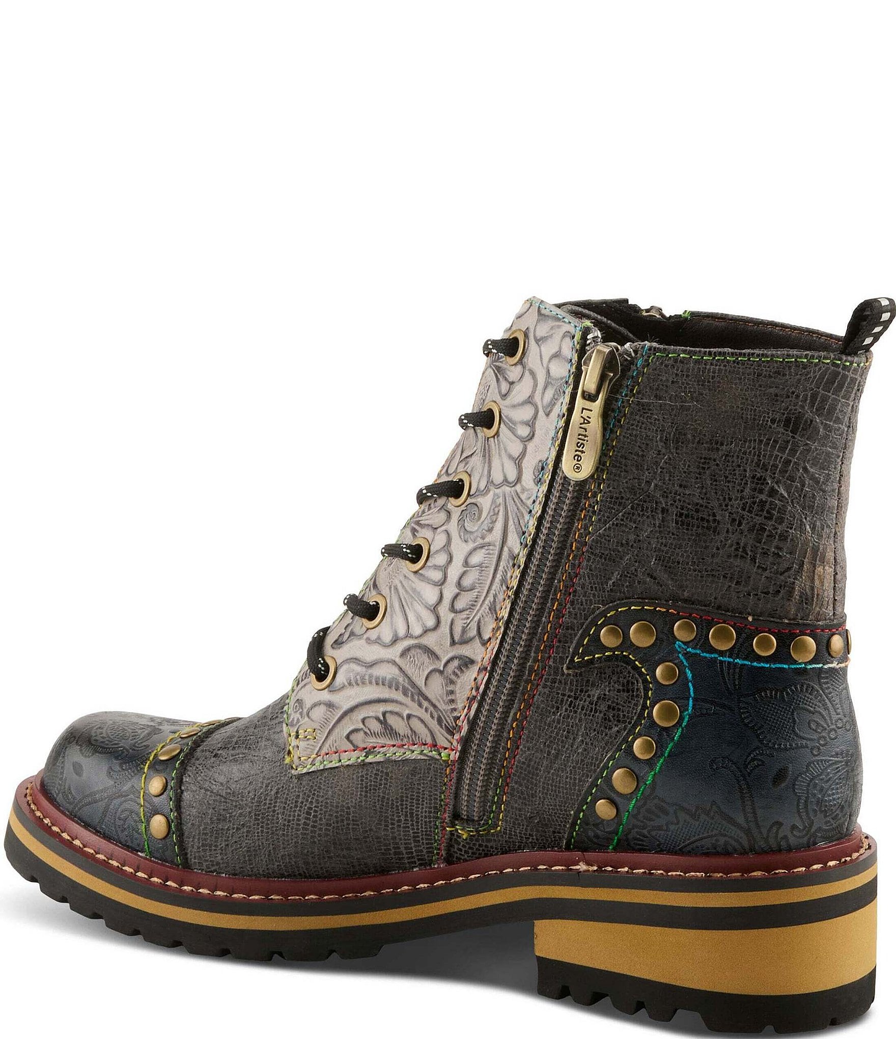 L'ARTISTE Rugup Leather and Textile Studded Faux Fur Lined Booties
