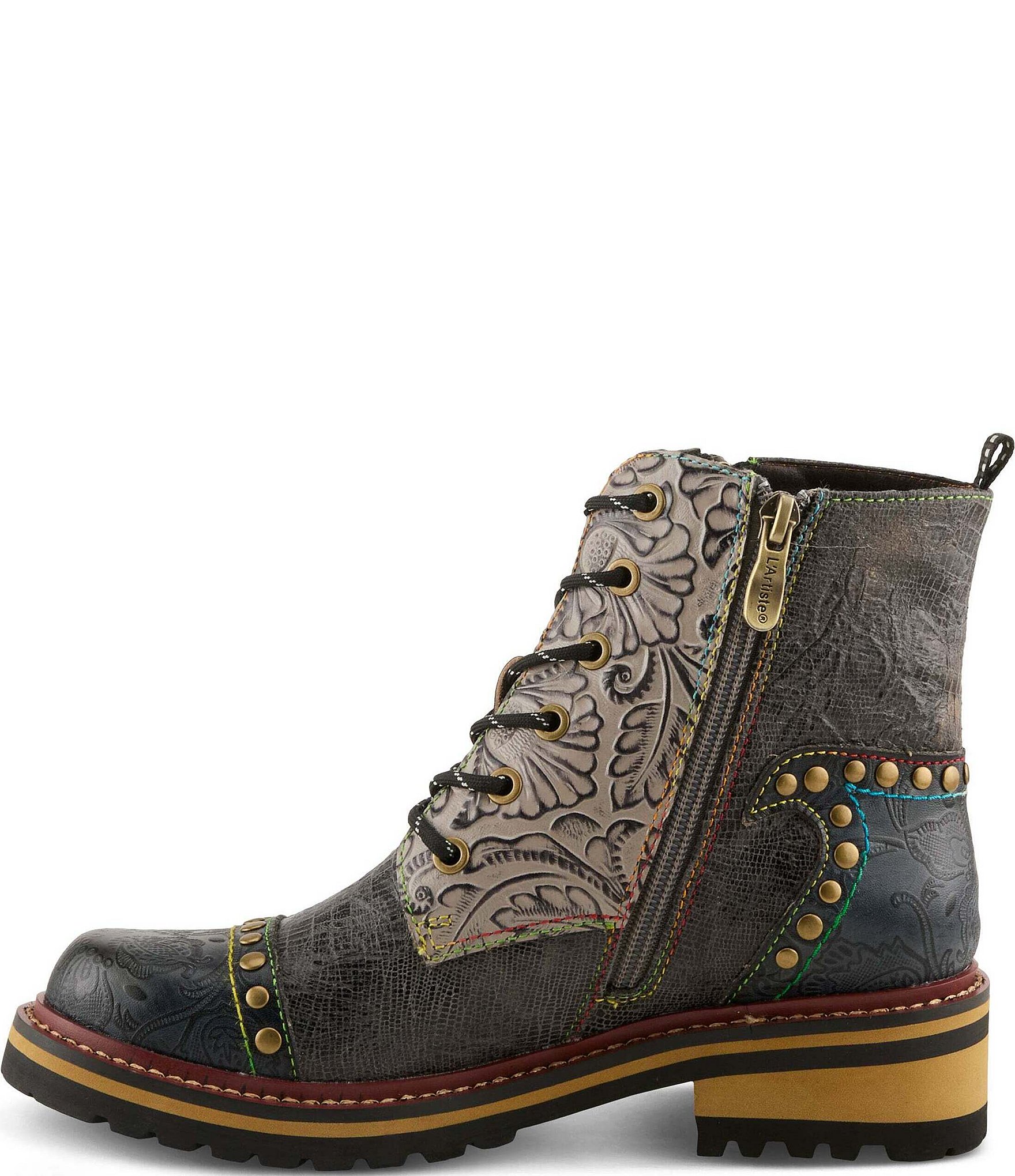 L'ARTISTE Rugup Leather and Textile Studded Faux Fur Lined Booties