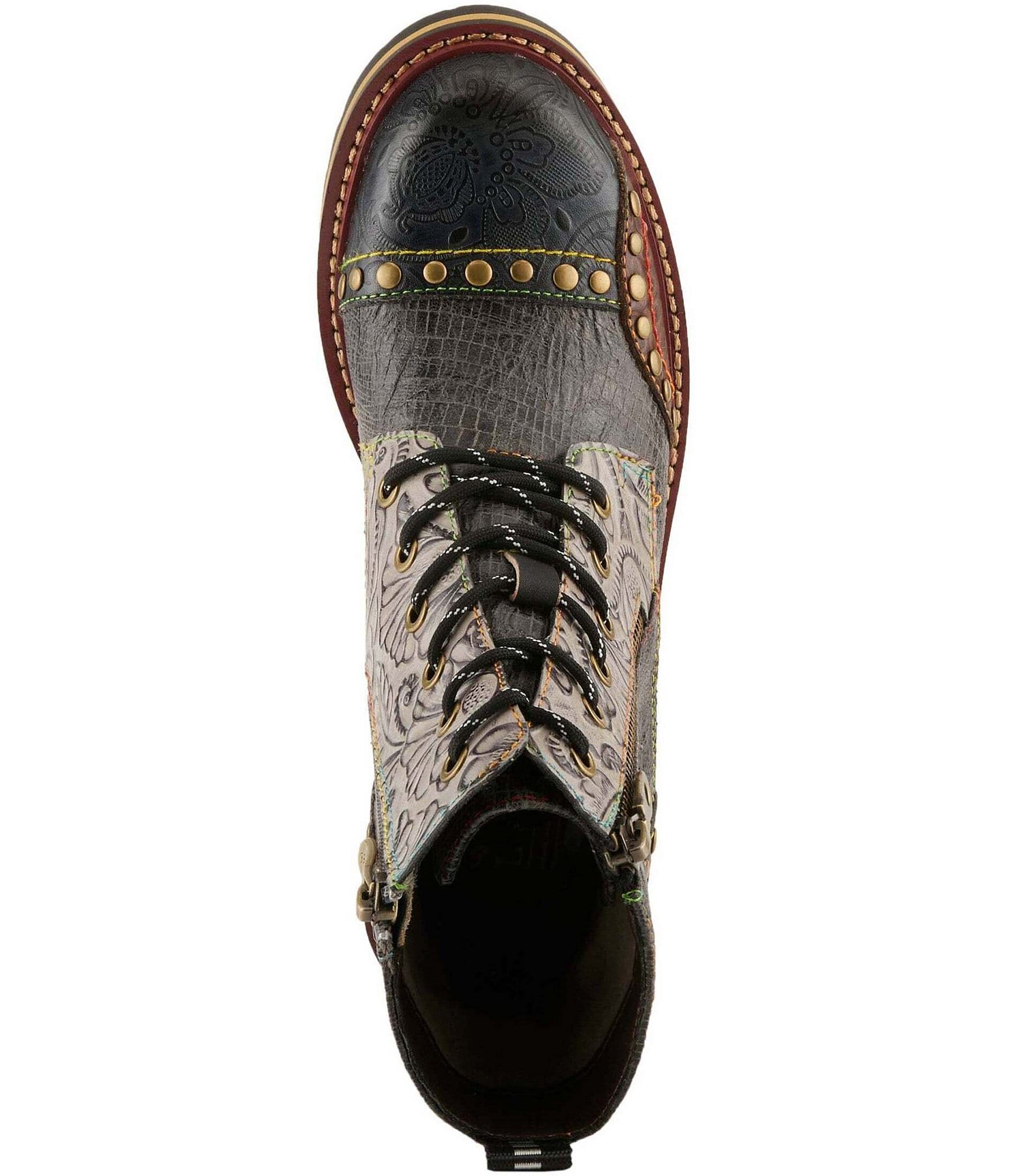 L'ARTISTE Rugup Leather and Textile Studded Faux Fur Lined Booties